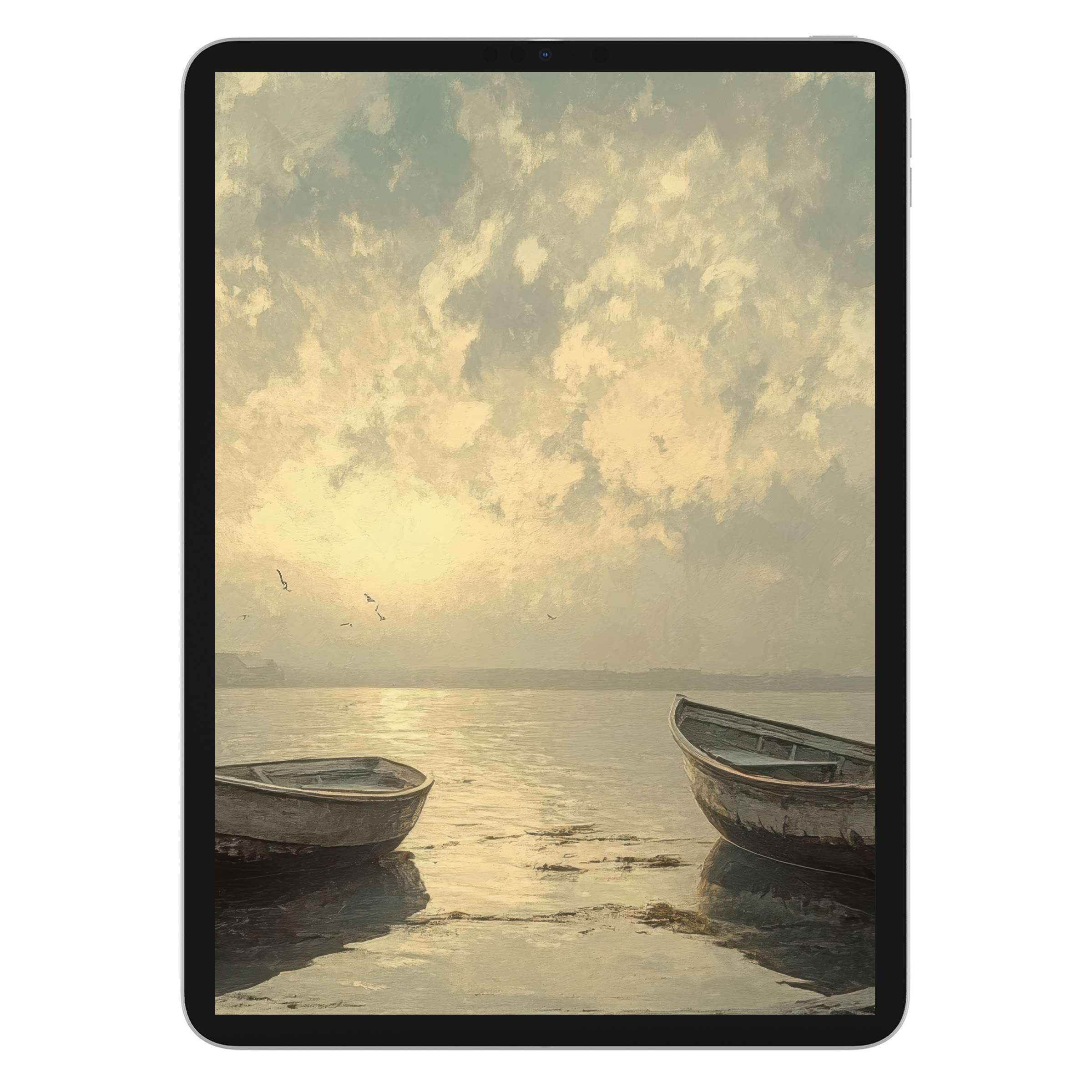 Serene beach iPad wallpaper featuring a gentle sunrise over calm waves, perfect digital download for tablet backgrounds, enhancing tranquility