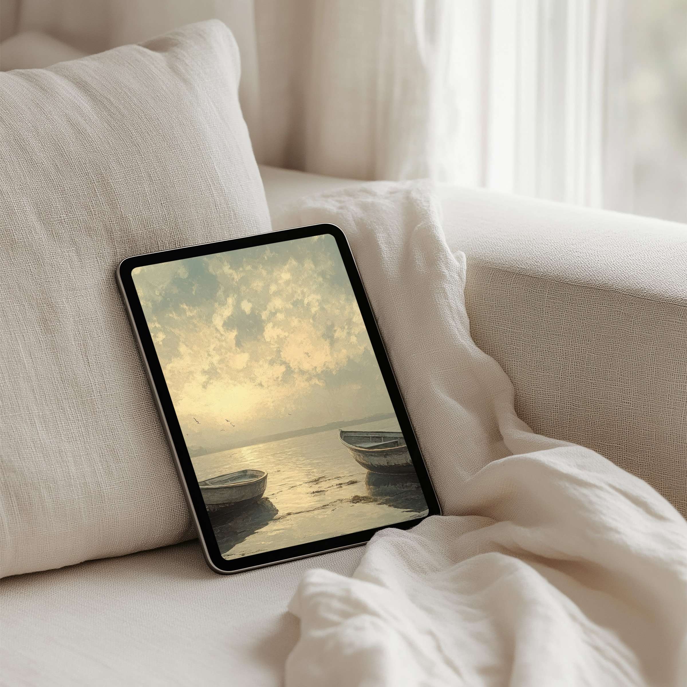 Elegant iPad background showcasing serene boats at sunset available for instant download fits all tablets enhancing calm aesthetics