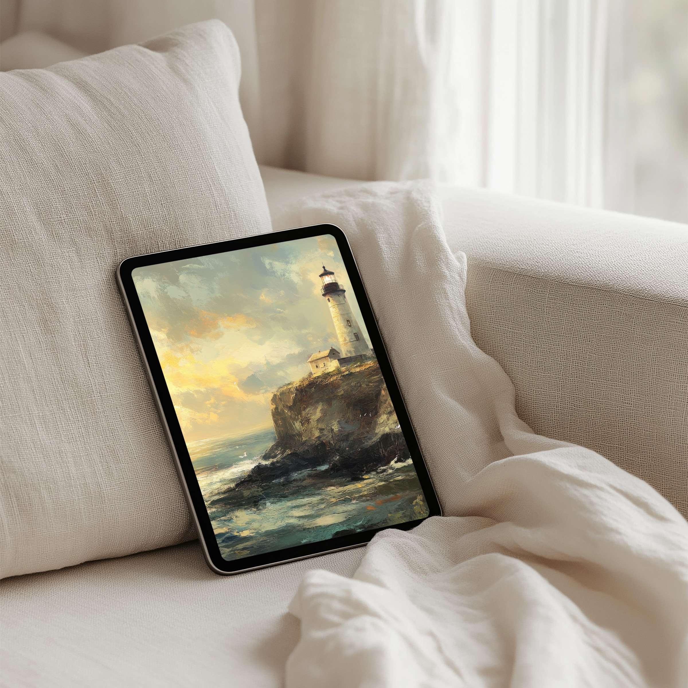 Elegant iPad background featuring a serene lighthouse at sunset offers instant download for tablet users seeking tranquility and style