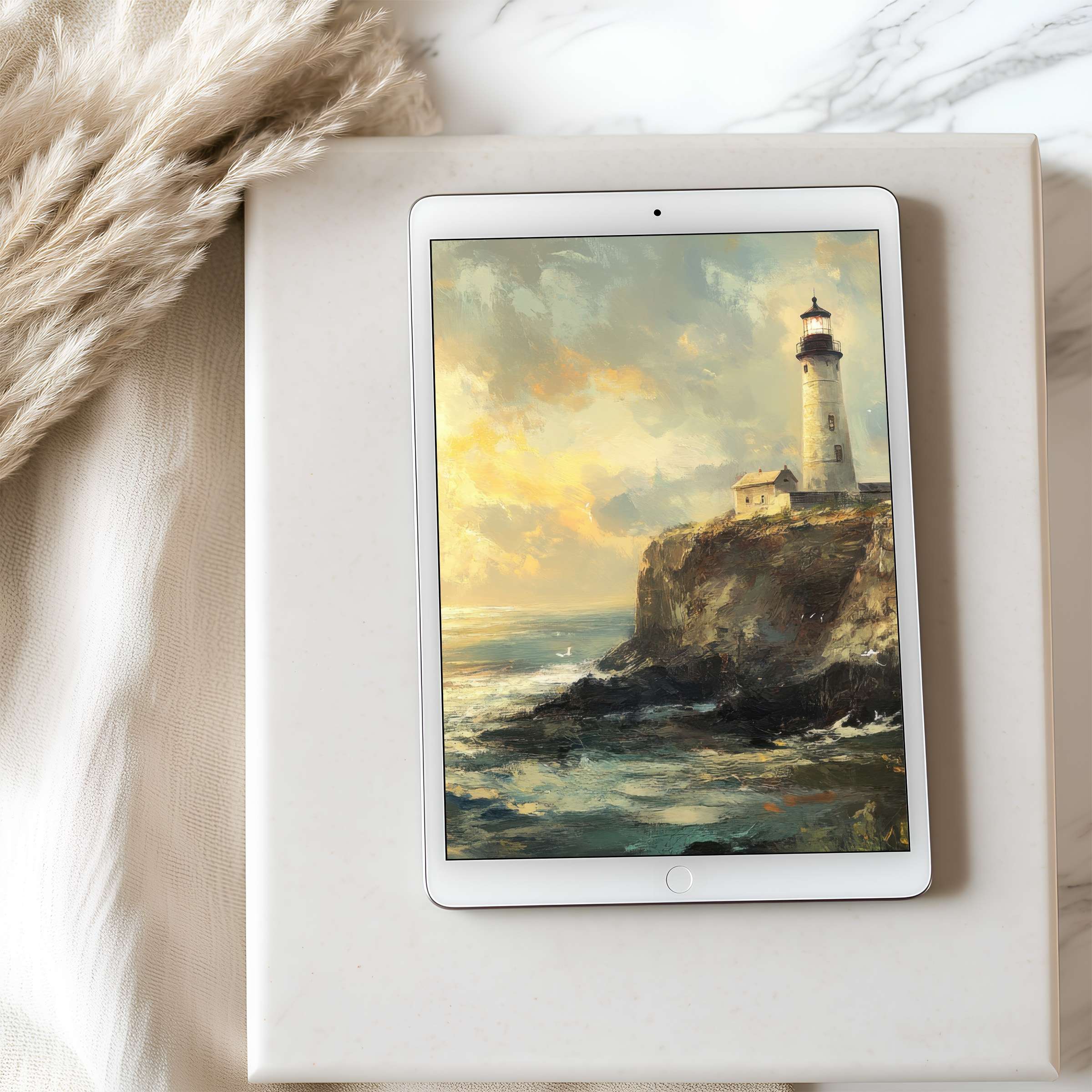 Elegant lighthouse painting as tablet wallpaper offers a serene escape in high resolution, perfect for iPad and Android tablets