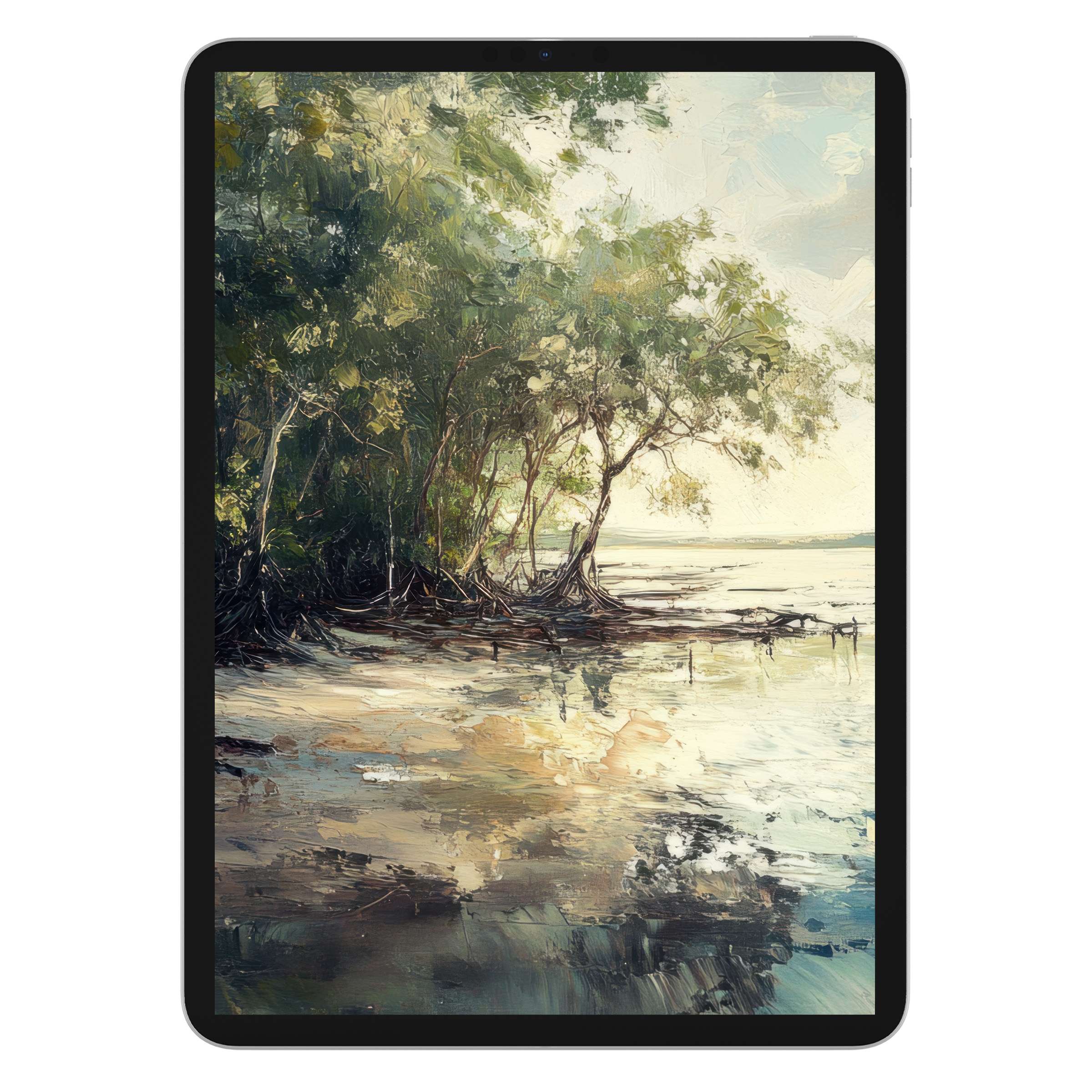 Elegant beach iPad wallpaper with serene trees and reflective water, perfect digital download for tablet background and calm ambiance