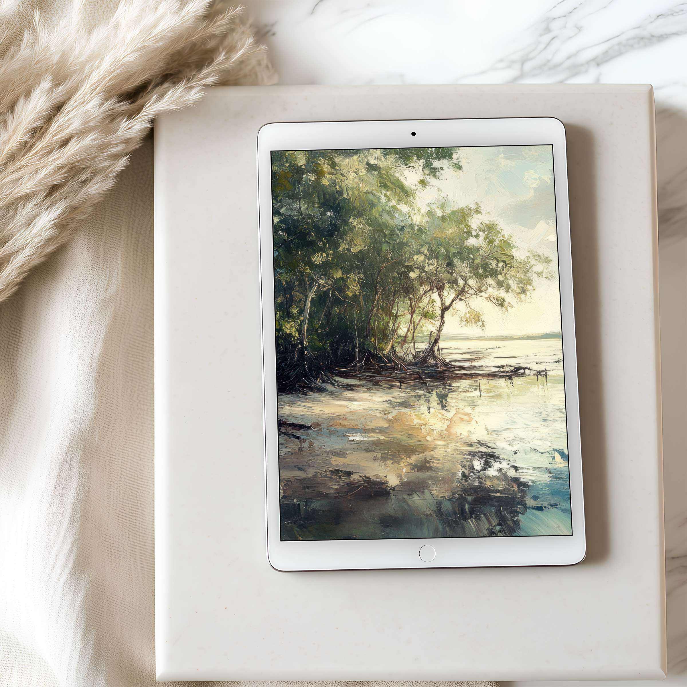 Serene nature-themed tablet wallpaper features calming greens and browns in high resolution, ideal for iPad or Android digital download