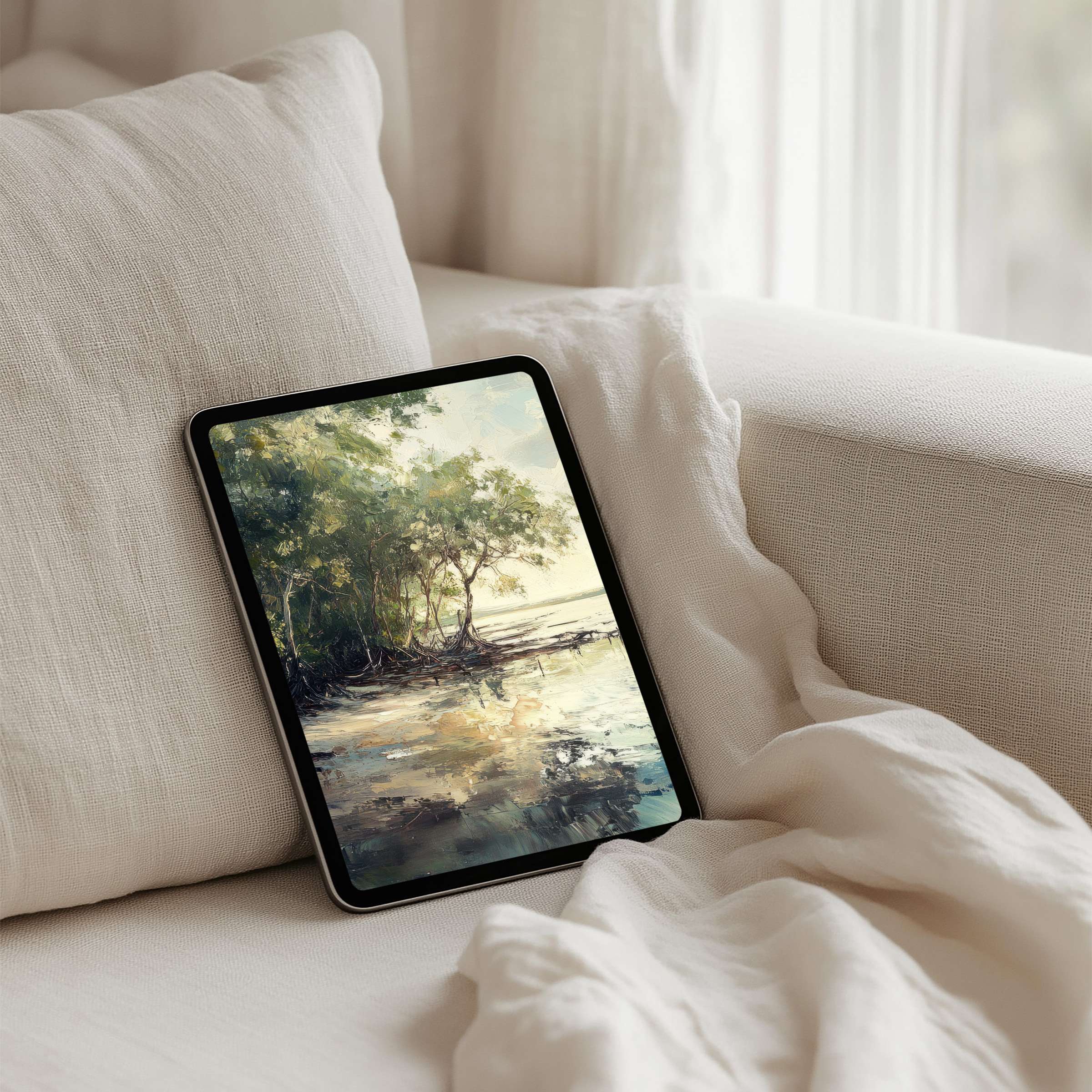 Serene iPad background painting of tranquil waterside trees, enhancing calm elegance on any tablet with instant download benefits