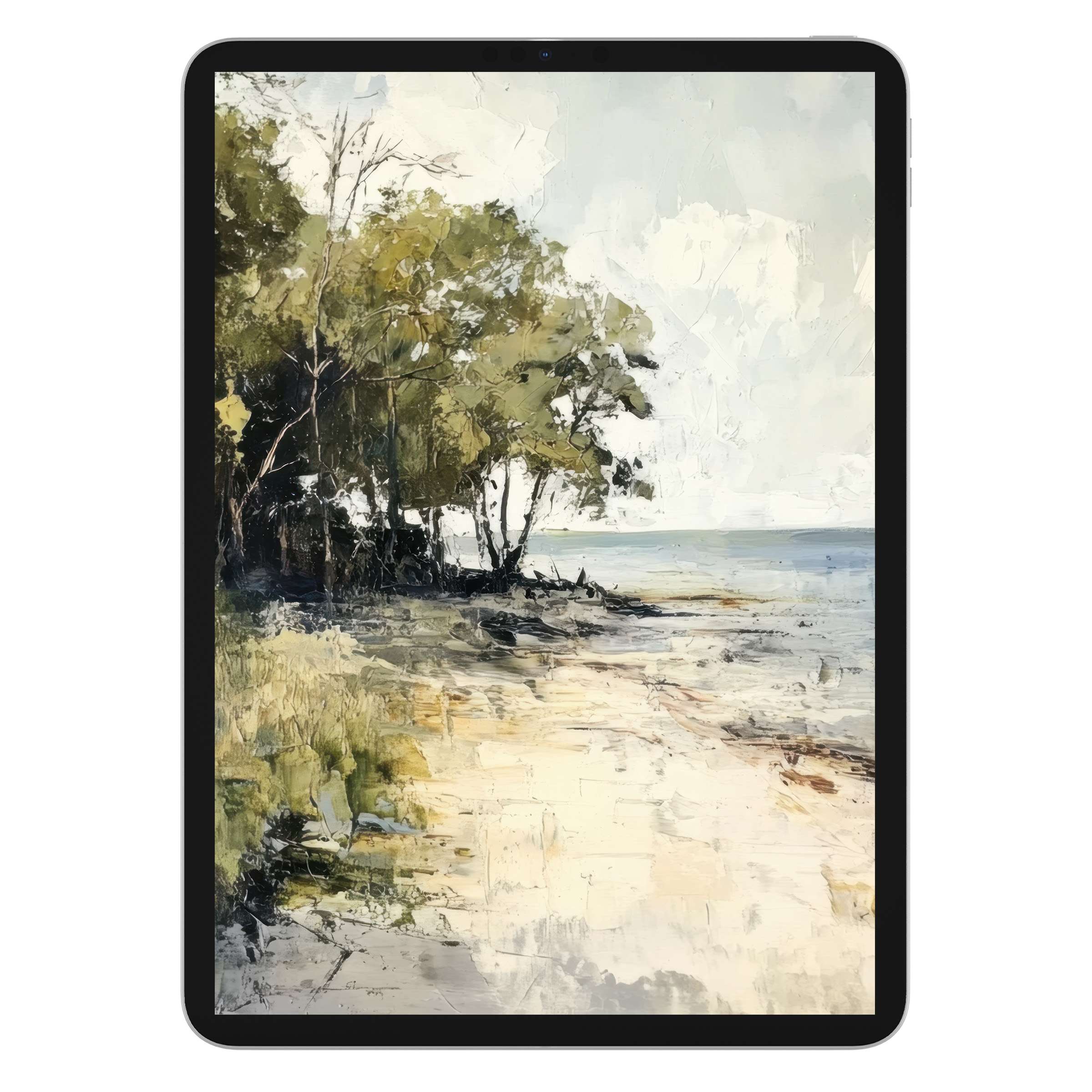 Elegant beach iPad wallpaper with serene pastels and textured brushstrokes, perfect calming digital download tablet background for Android devices