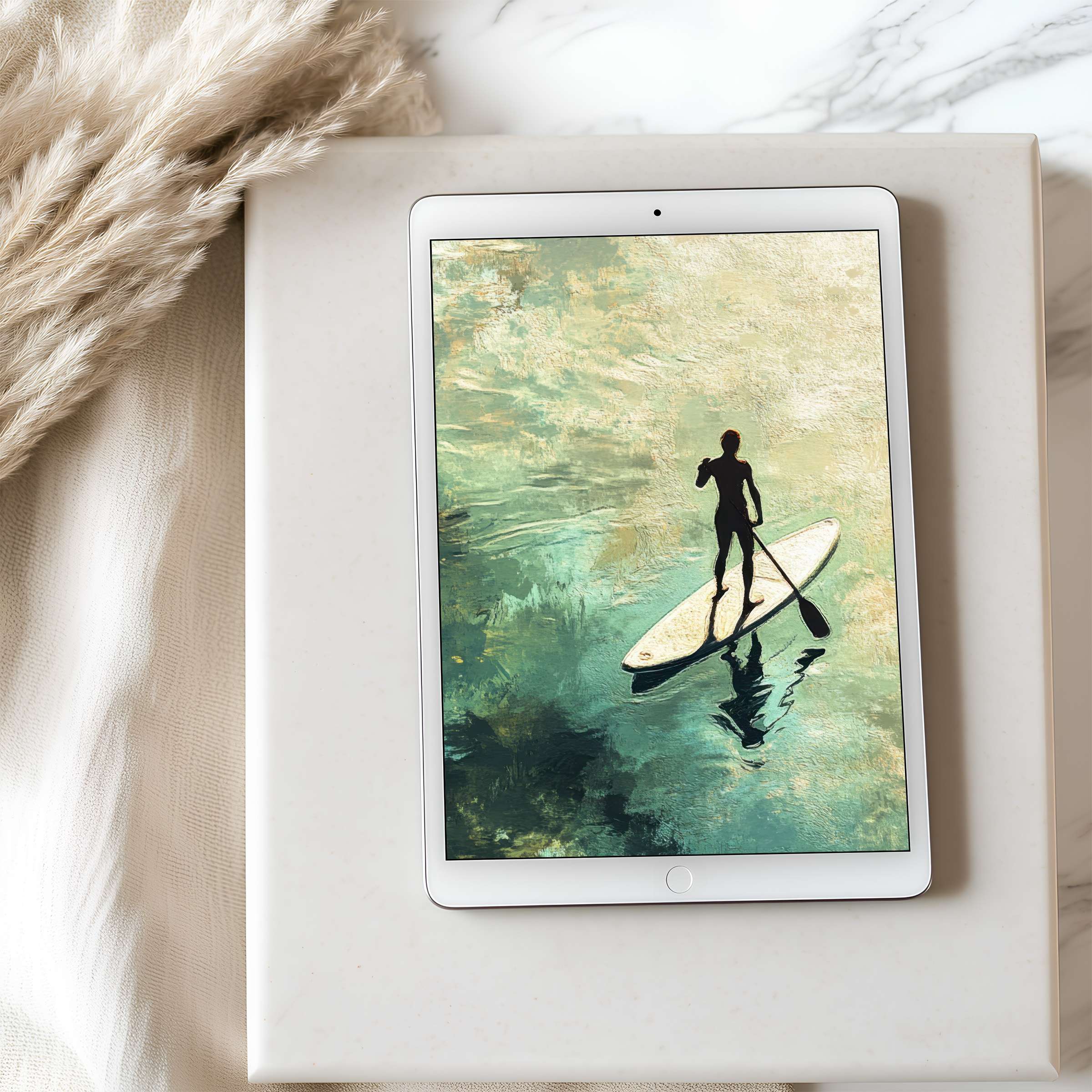 Elegant tablet wallpaper featuring serene paddleboarder in soft hues brings calm to iPad screens perfect for digital download