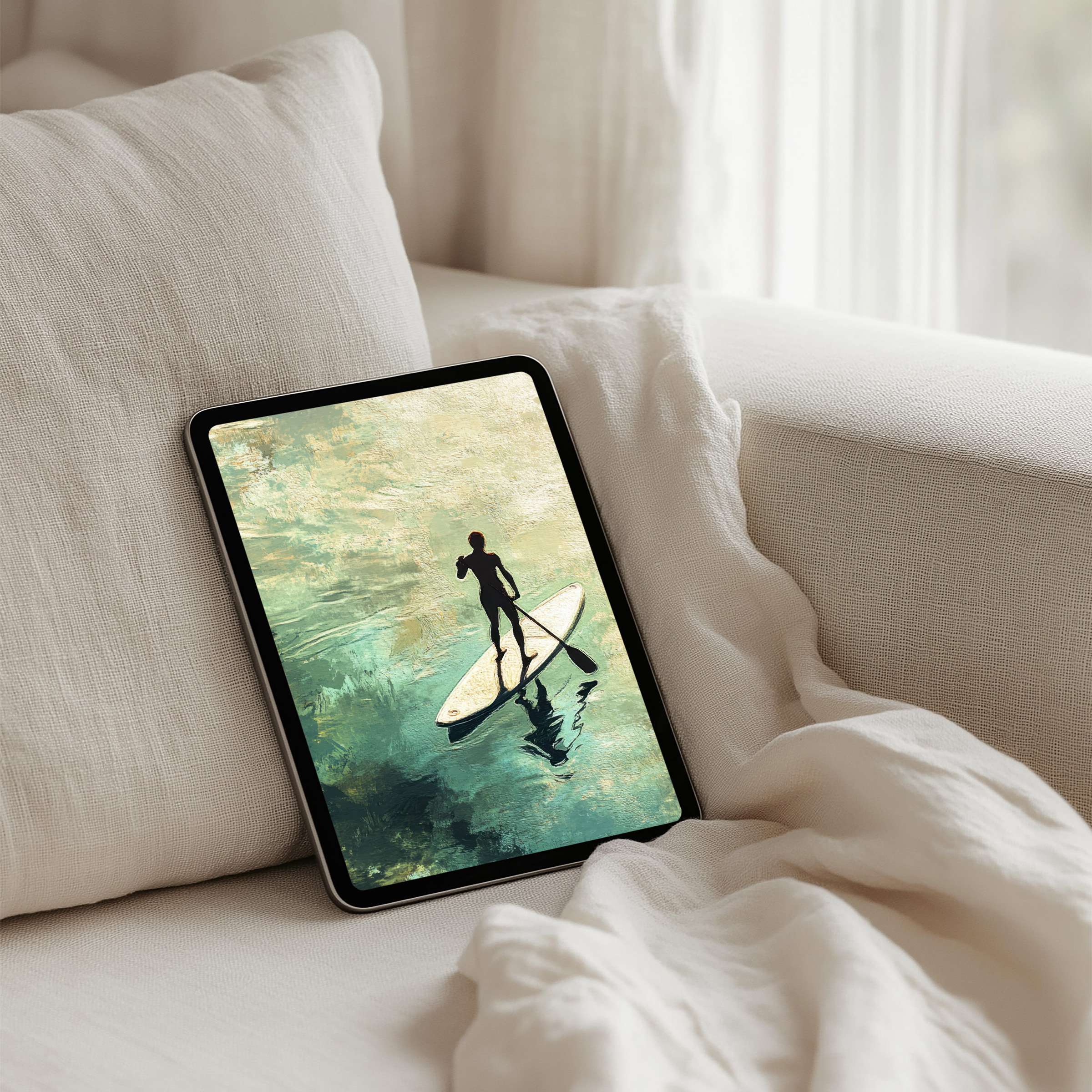 Elegant iPad background of serene paddleboarder on calm waters offers instant download for tablet users seeking inspiration and mindfulness