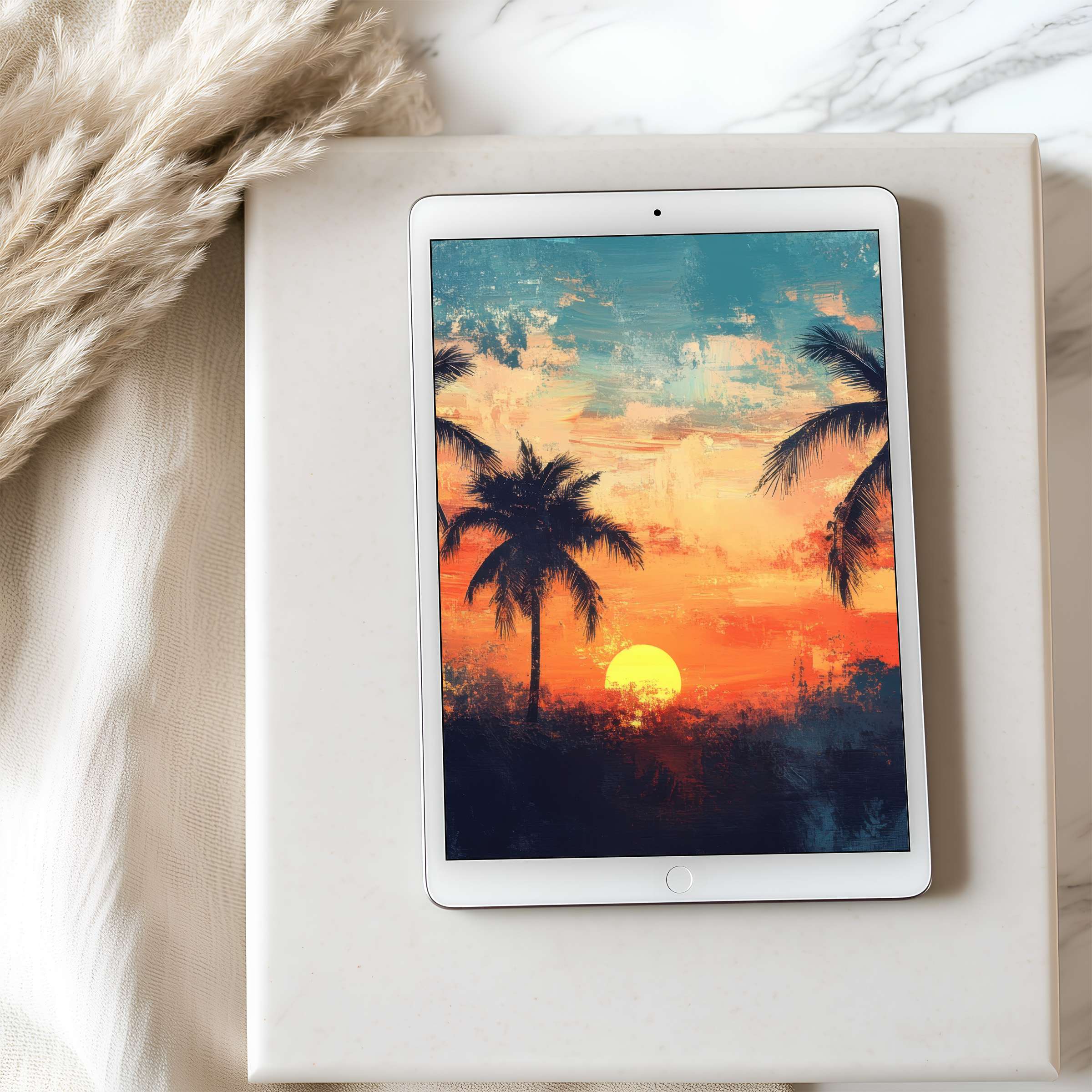 Serene sunset tablet wallpaper featuring palm silhouettes in elegant hues, ideal for iPad and Android, enhancing calm with digital download