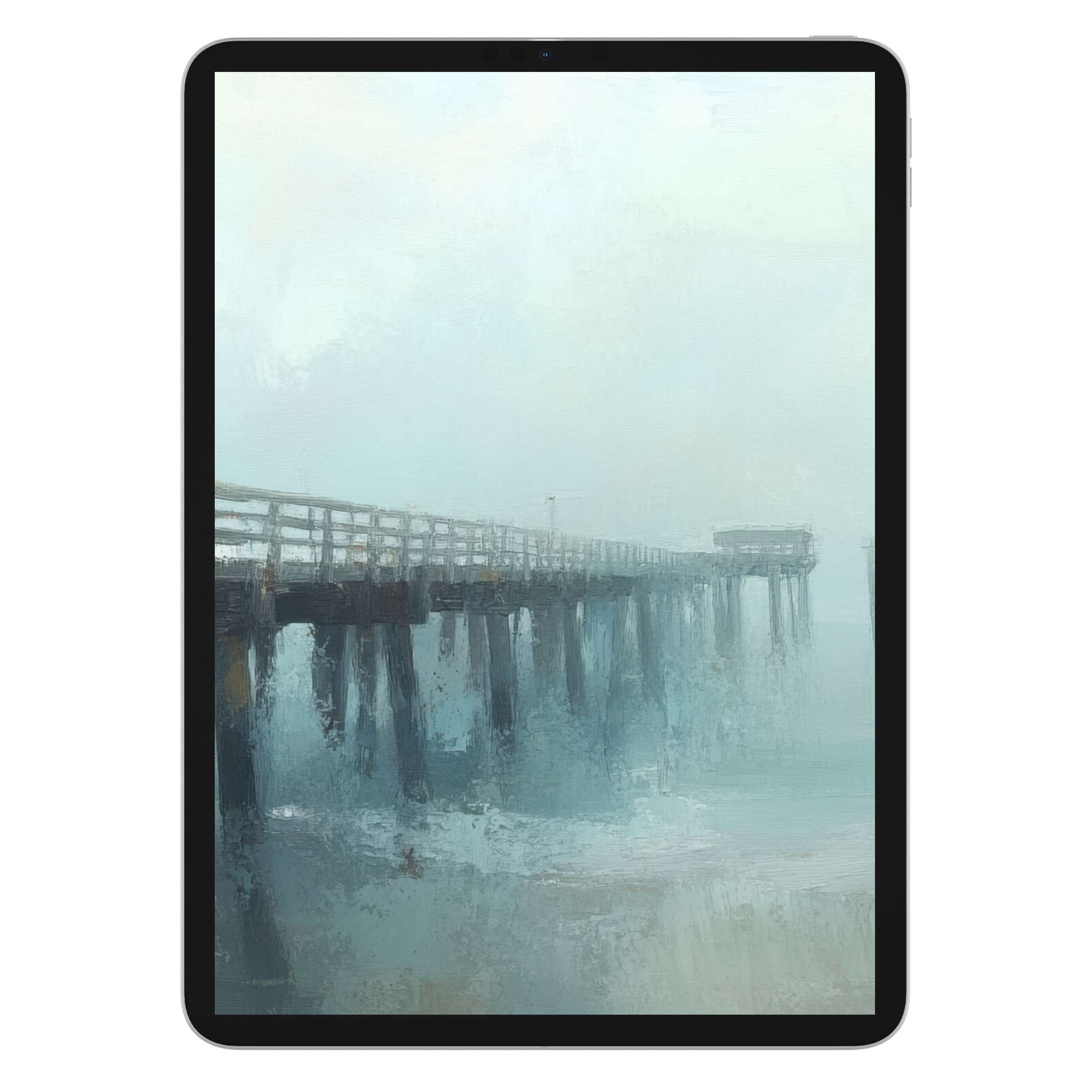 Beach iPad wallpaper featuring a serene pier in soft pastels ideal for a calming tablet background digital download for ambience