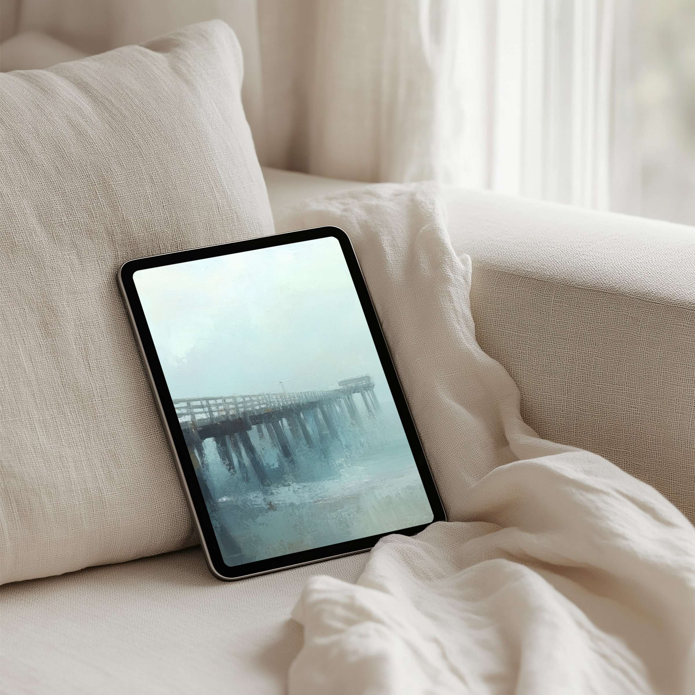 Ethereal pier painting as iPad background inspires calm elegance, perfect for instant download on any tablet device