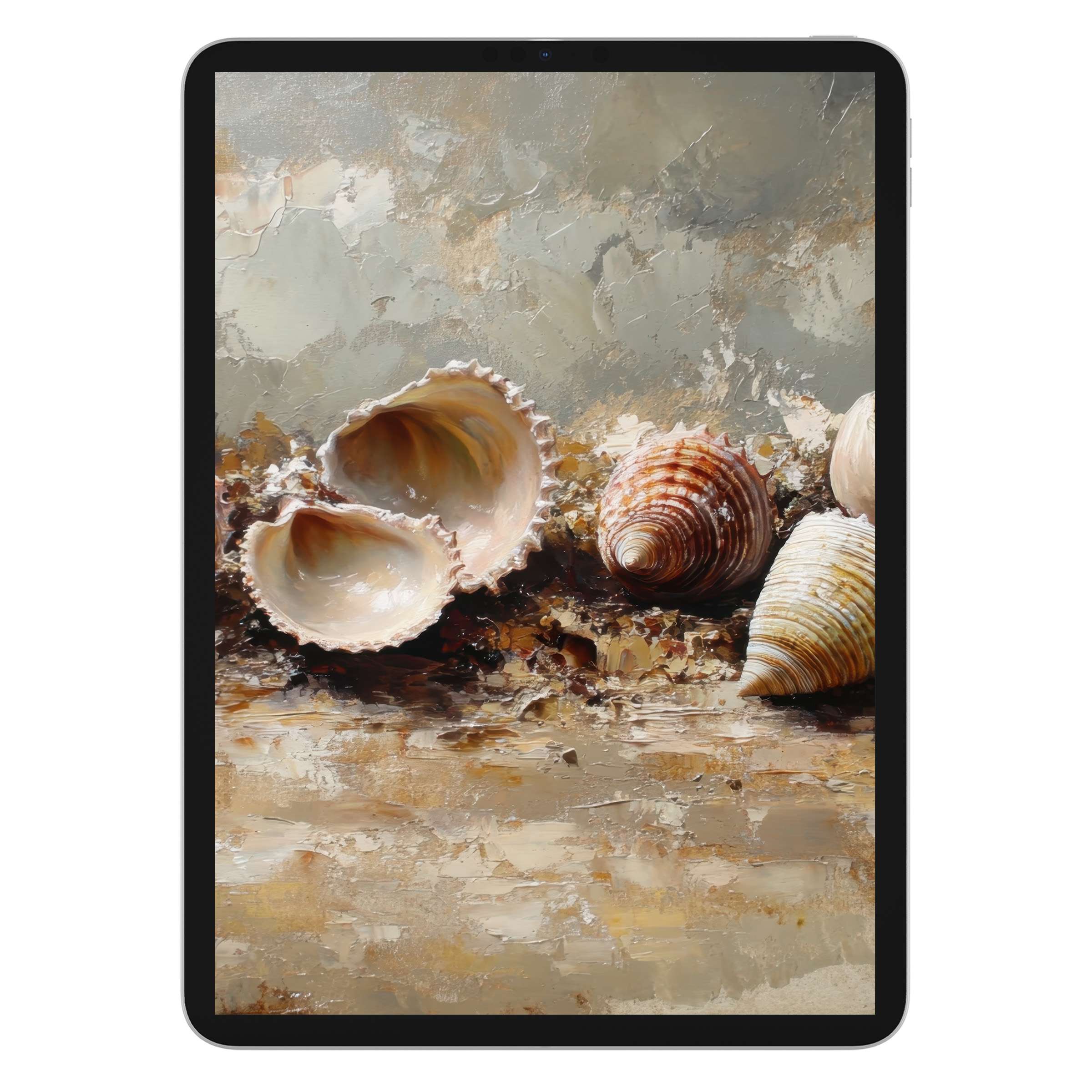 Beach iPad wallpaper digital download featuring elegant seashells on a textured background, perfect for calming tablet art designs