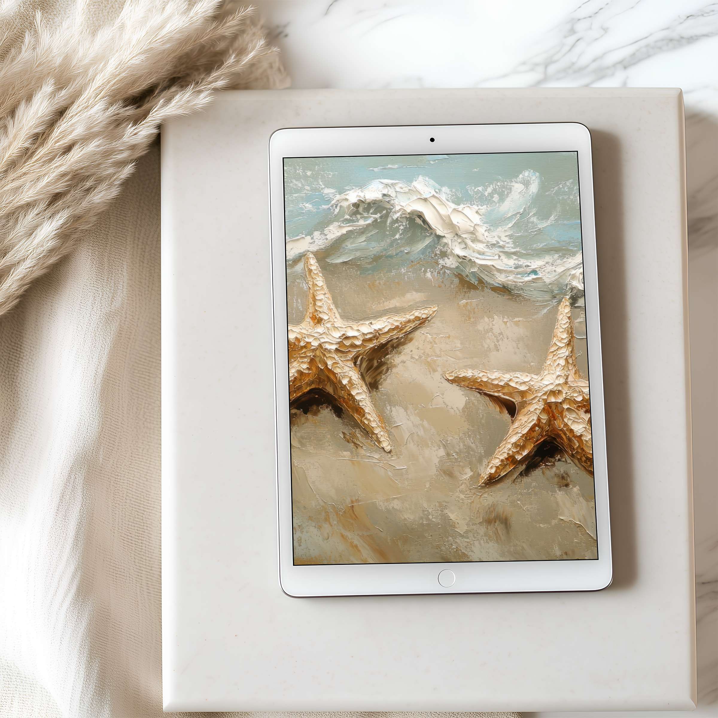 Elegant tablet wallpaper featuring textured starfish on sandy waves, perfect for iPad high-resolution screens, offering calming digital download
