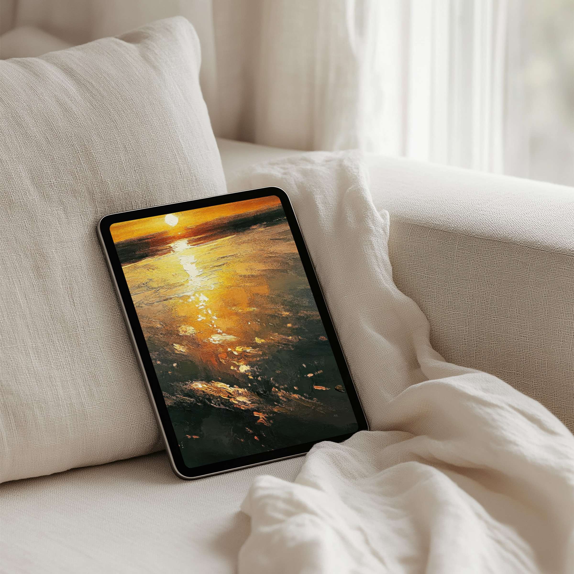 Elegant iPad background featuring a serene sunset over water, perfect for instant download on any tablet offering calm inspiration