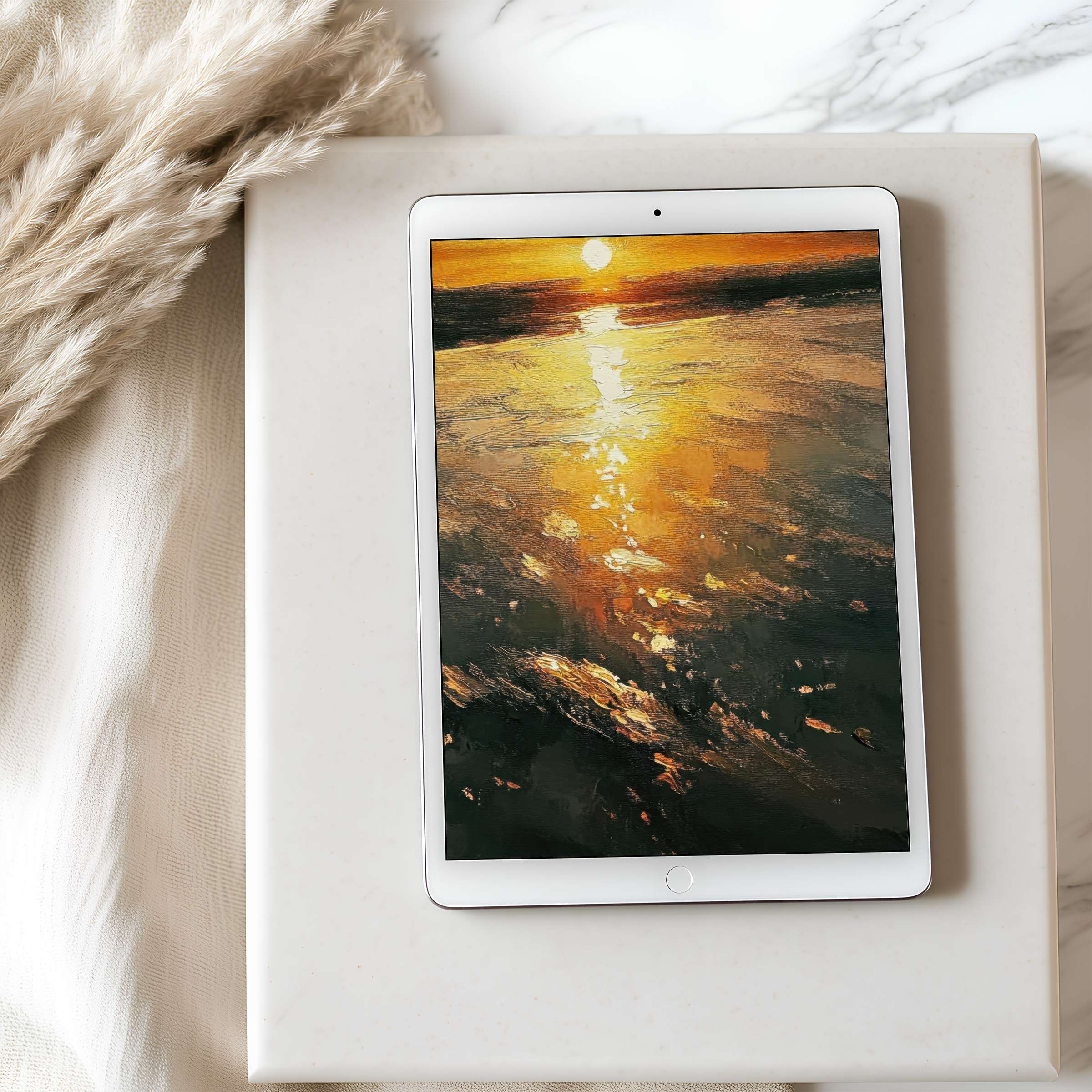 Sunset seascape tablet wallpaper with warm gold hues and elegant reflection brings tranquility to your iPad or Android tablet download