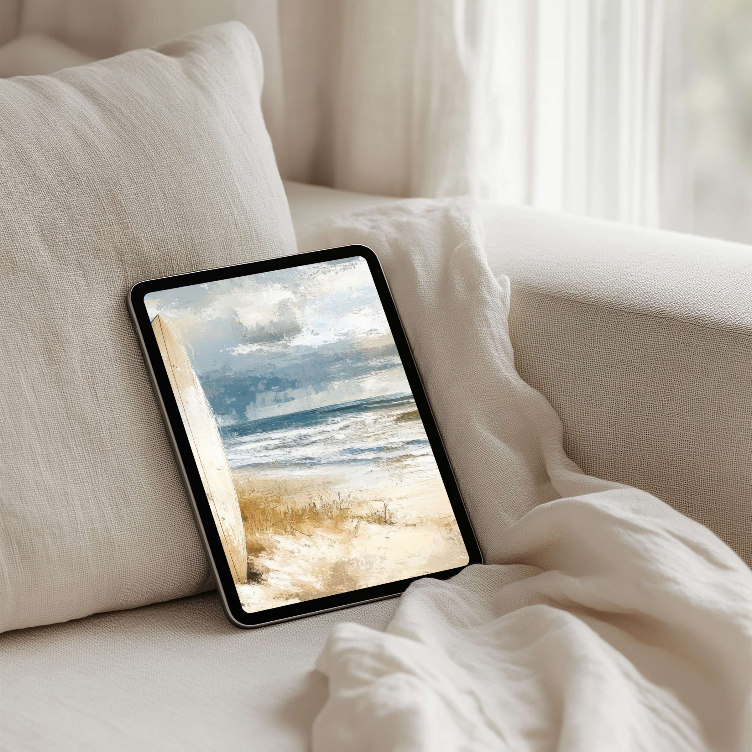 Tranquil artistry in soft beige and blue tones creates a soothing iPad background, perfect for instant download on any tablet