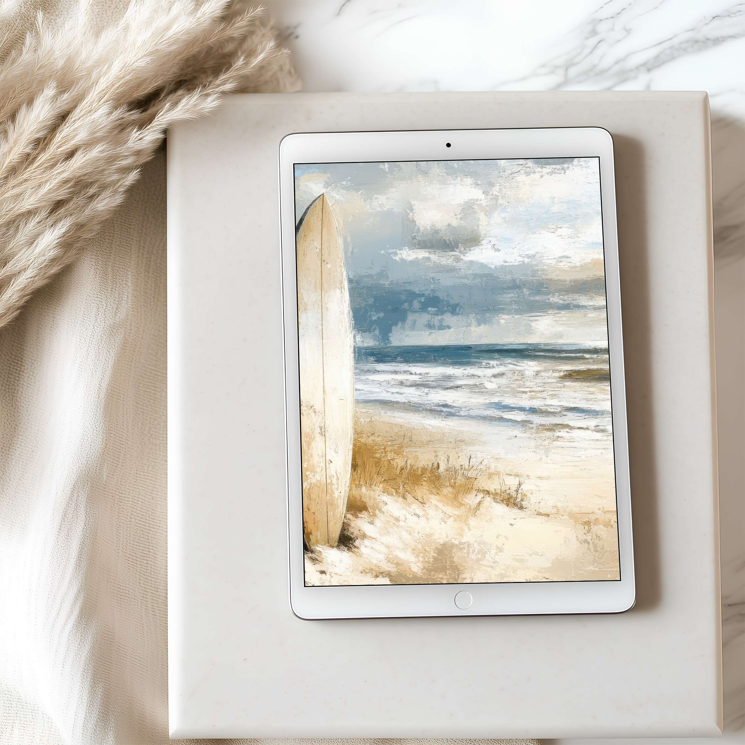 Elegant beach-themed tablet wallpaper offering calming coastal vibes in high resolution, perfect for a sustainable digital download