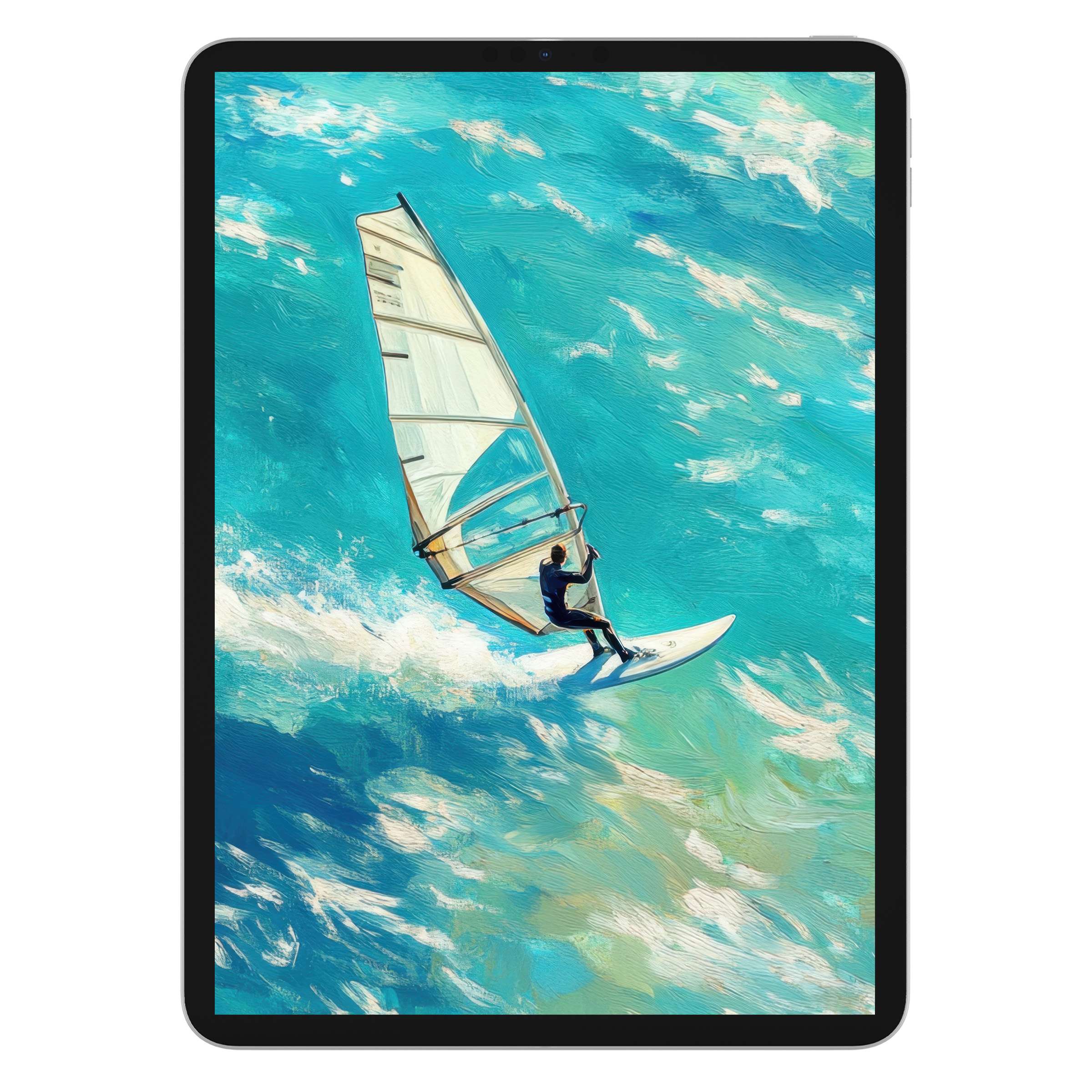 Serene beach iPad wallpaper with a vibrant windsurfer, offering an elegant digital download for tablet backgrounds, perfect for relaxation