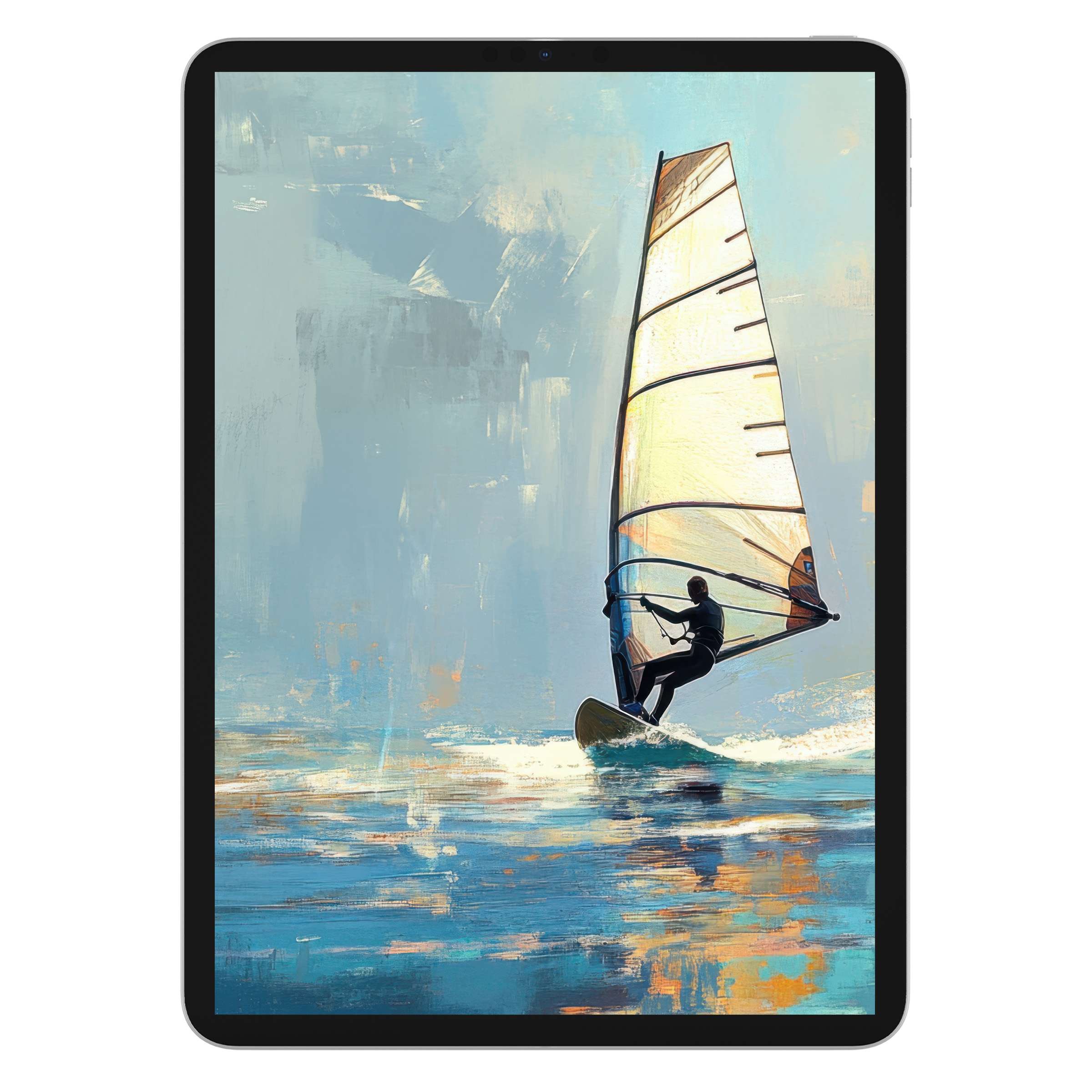 Beach iPad wallpaper showcases a serene windsurfer painting, perfect digital download tablet background for design enthusiasts seeking tranquility