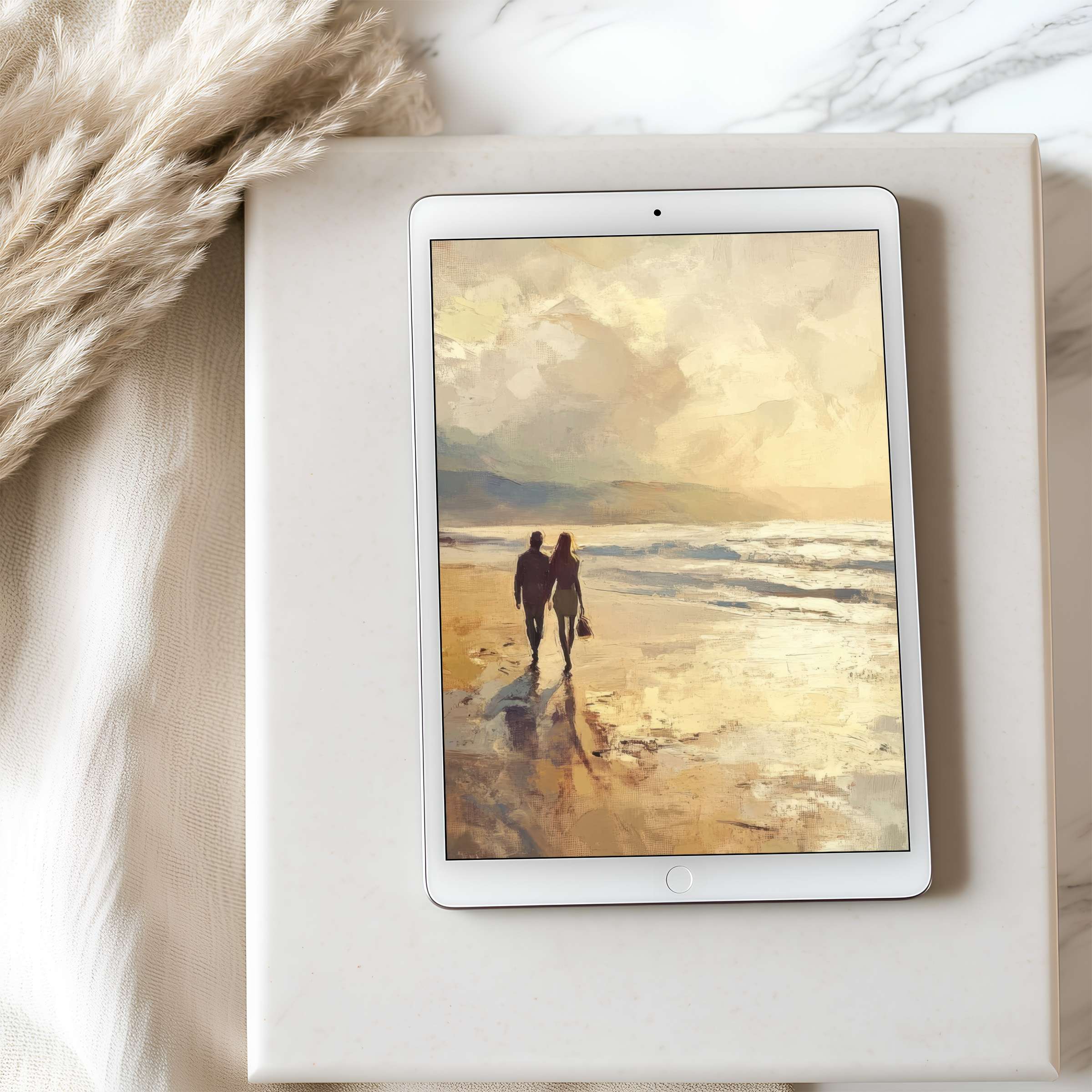 Elegant tablet wallpaper showcasing a serene beach painting with warm hues perfect for high-resolution iPad downloads enhancing tranquility