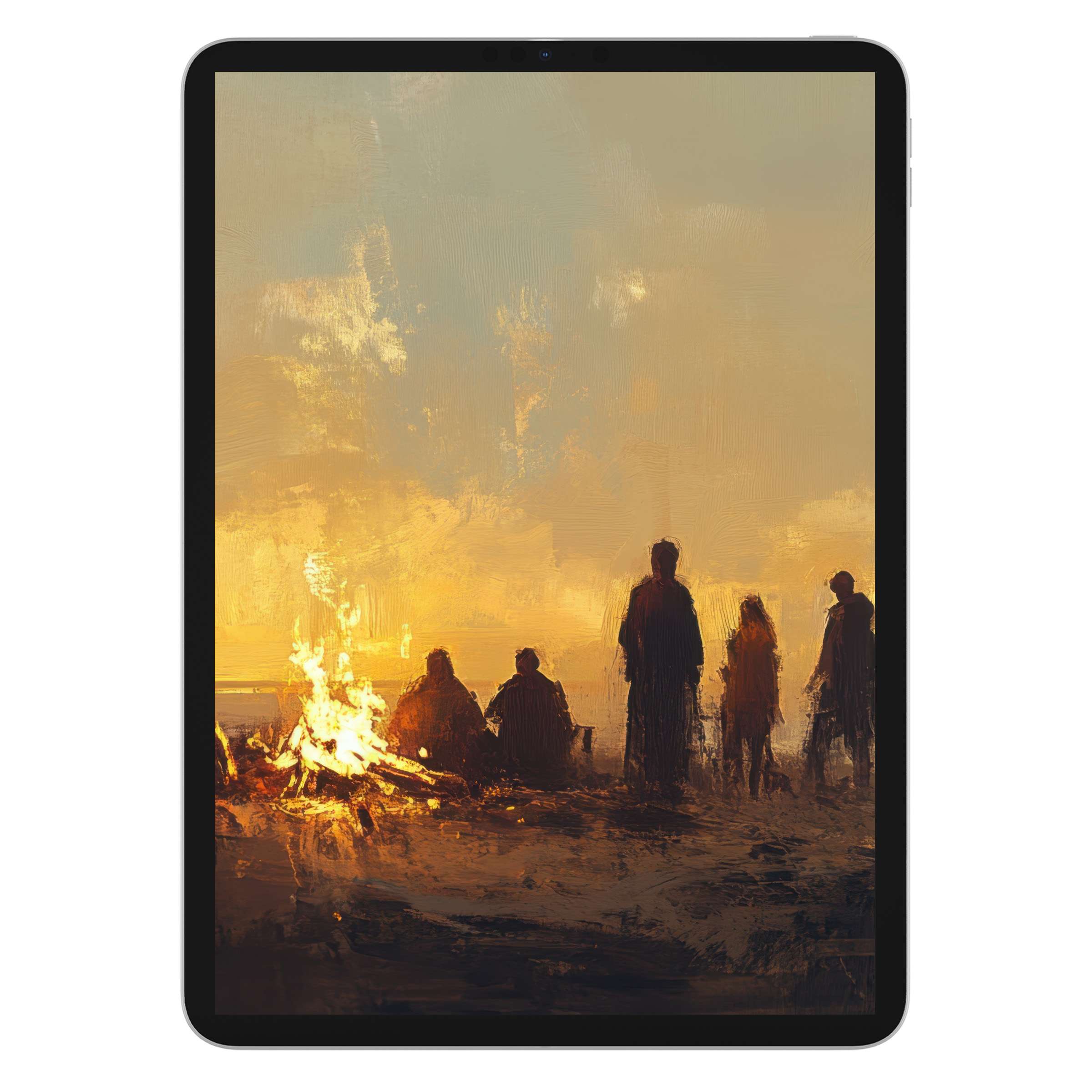 Warm beach iPad wallpaper digital download featuring a serene sunset scene with silhouettes by a bonfire, ideal tablet background