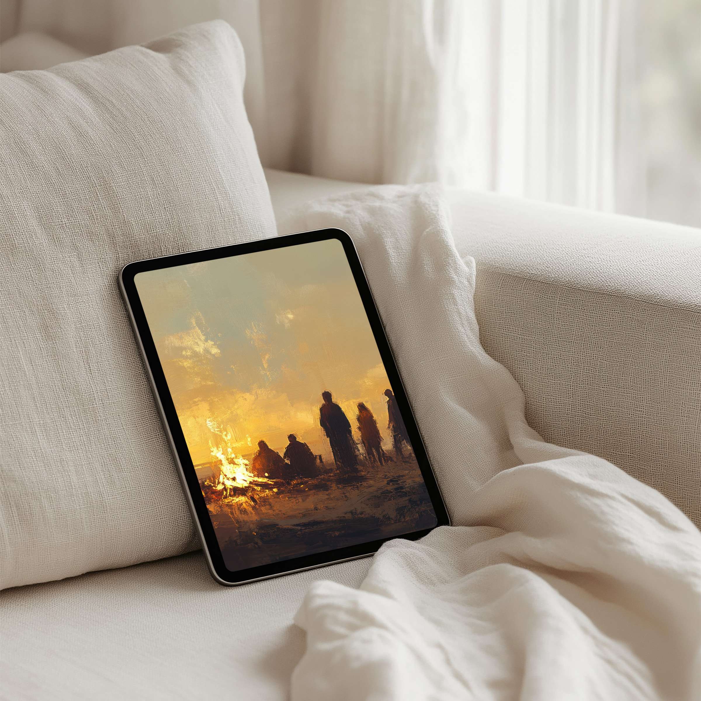 Warm, textured sunset art on iPad background enhances elegance and calm, perfect for tablet screens, instant download ready