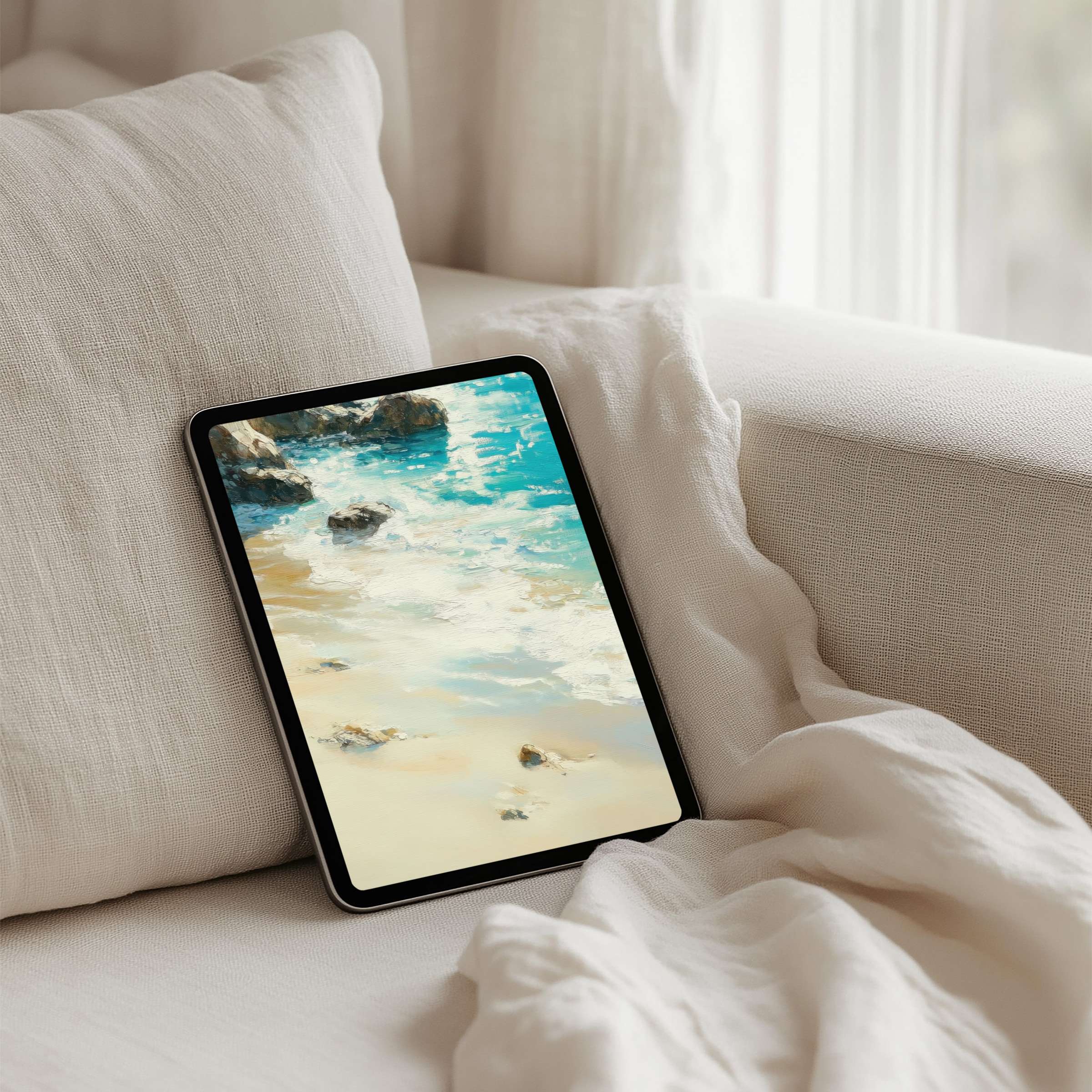 Elegant seaside iPad background for instant download, bringing calm and inspiration to your tablet decor and mindfulness journey
