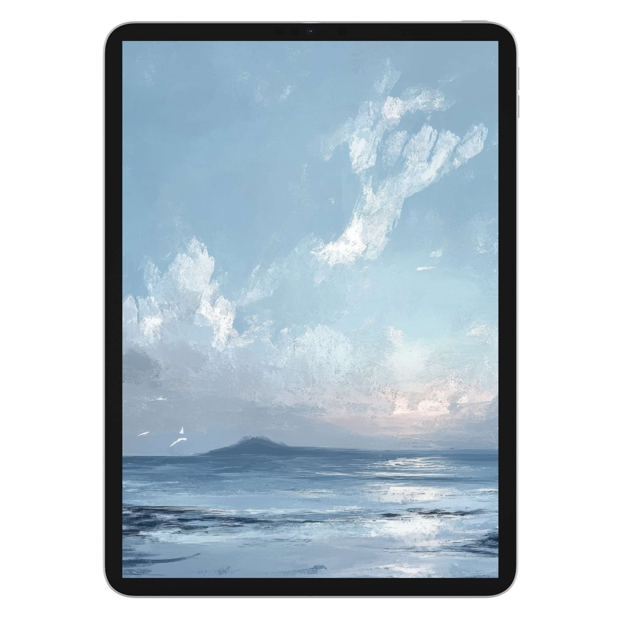 Serene beach iPad wallpaper showcasing pastel skies and tranquil sea for elegant digital download background on all tablets