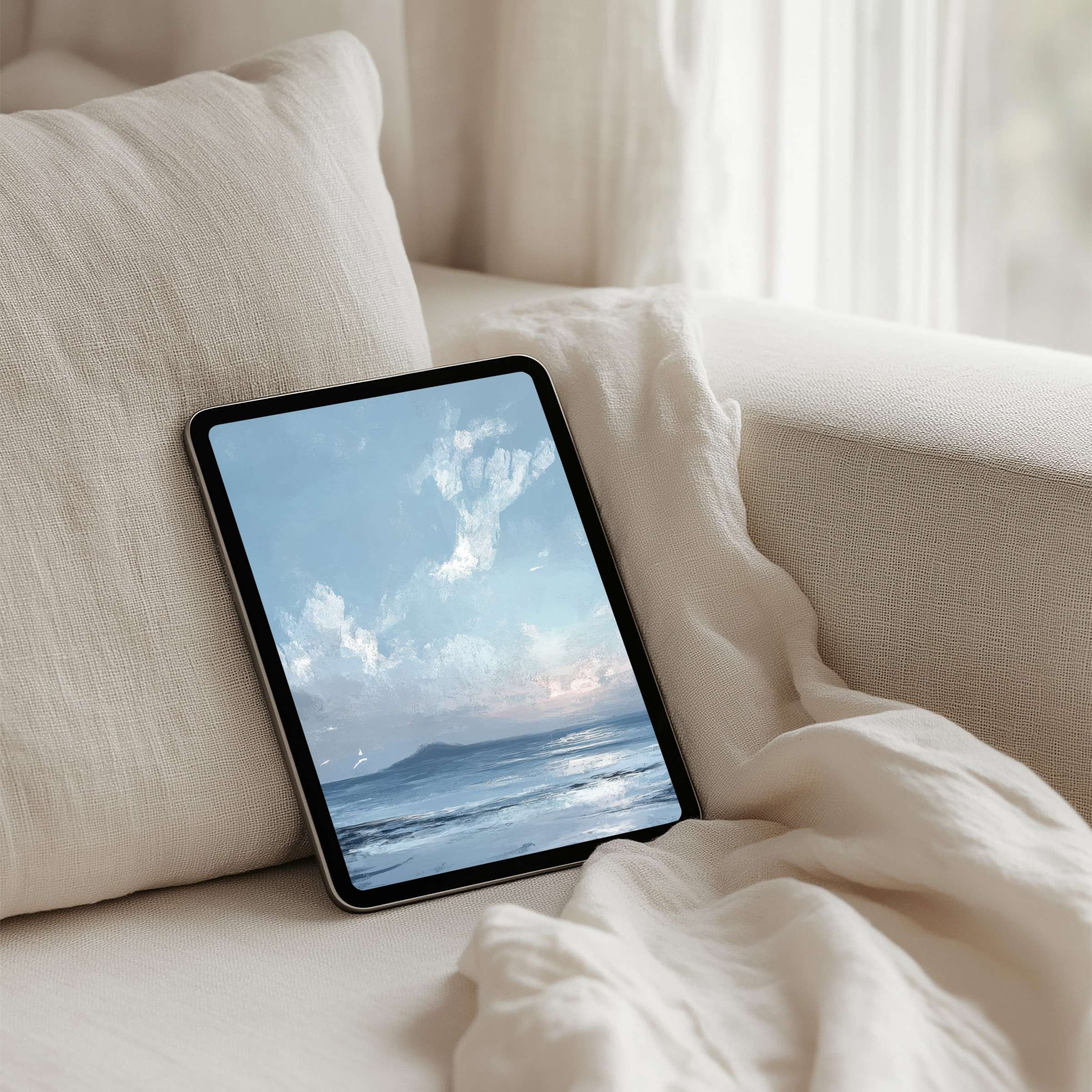 Elegant iPad background depicting serene ocean view, perfect for tablets like Samsung and Android, available for instant download to inspire calm mindfulness