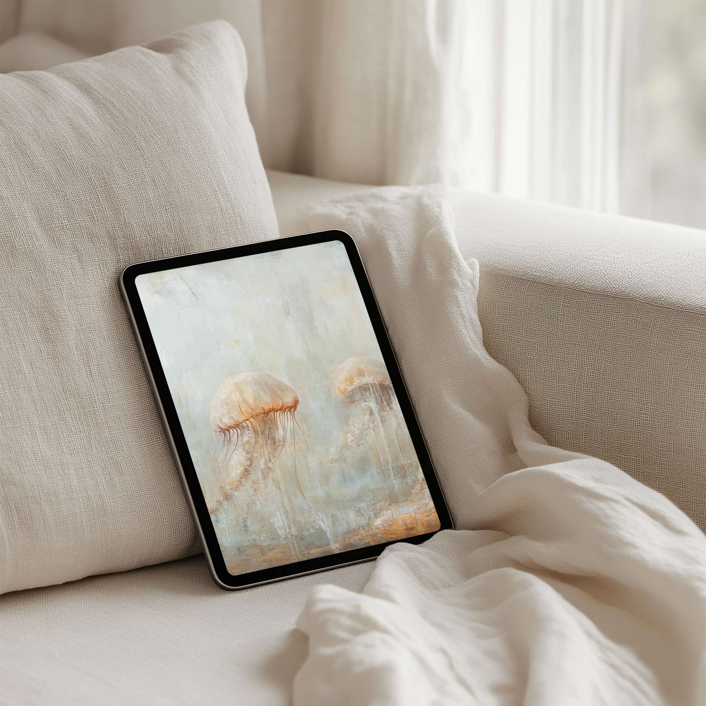 Elegant iPad background featuring serene jellyfish art in soft pastel hues for instant download, perfect for any tablet user