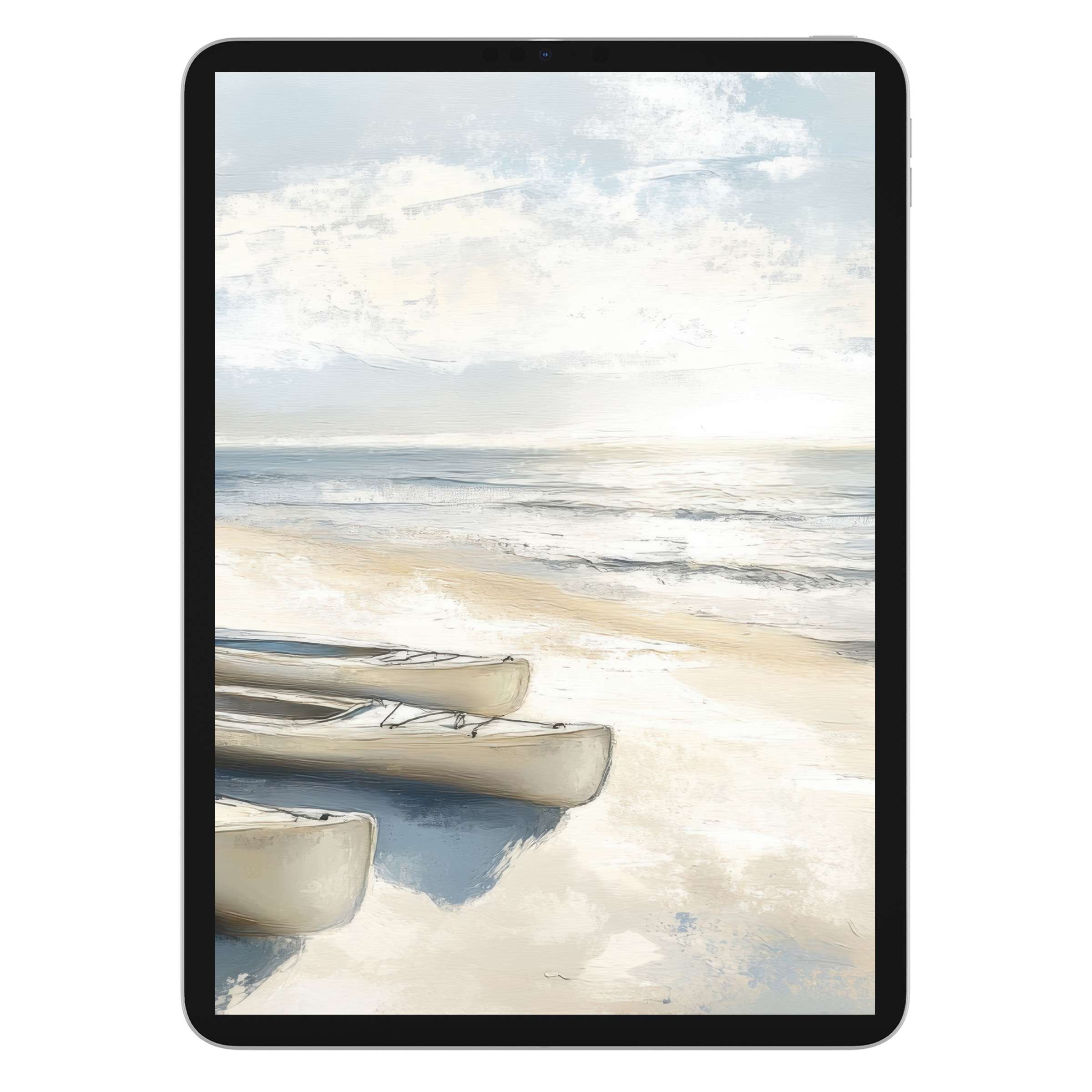 Tranquil beach iPad wallpaper with serene waves and gentle sky brushstrokes as a digital download for tablet background elegance
