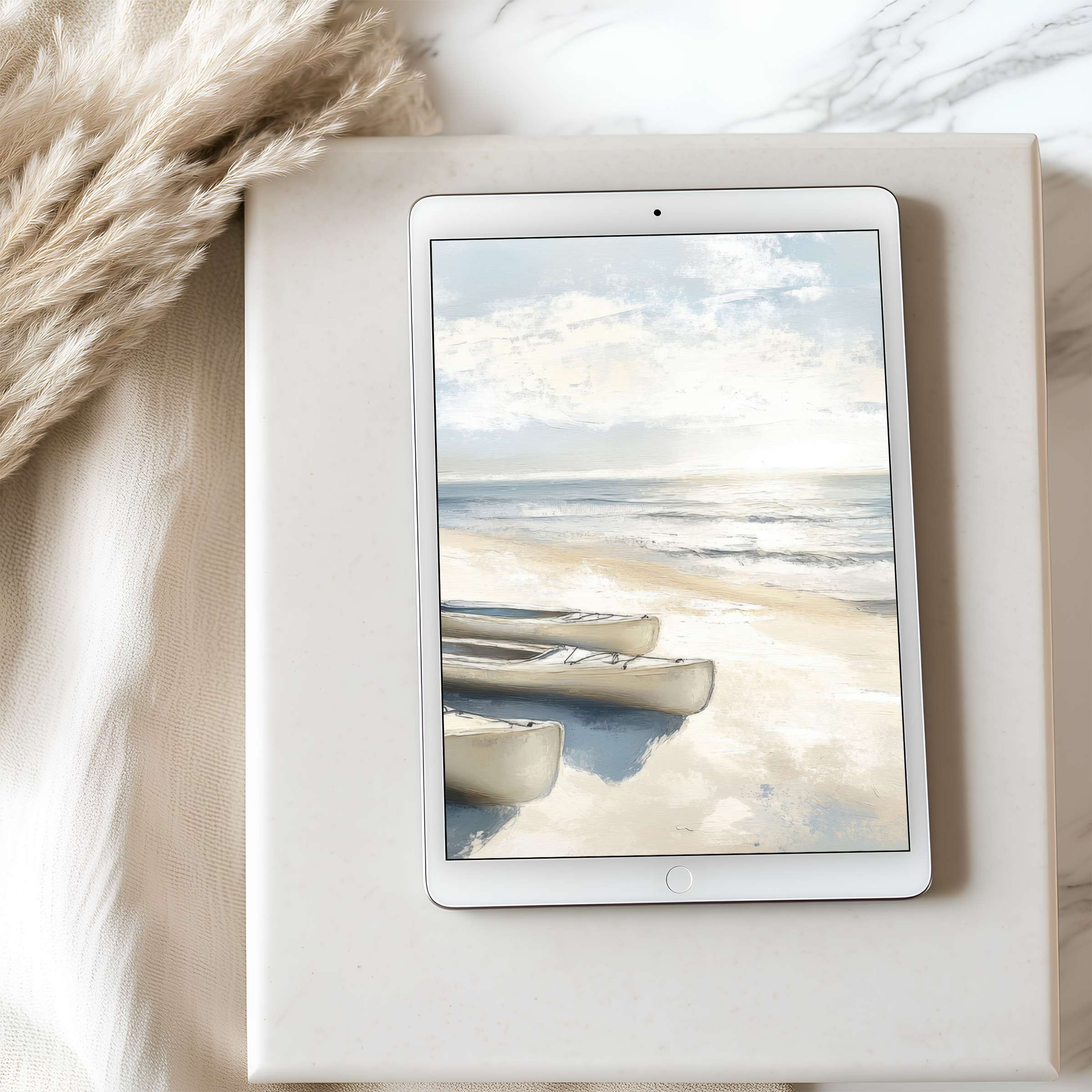 Elevate your space with this serene beach-themed tablet wallpaper, curated for iPad, high resolution, tranquil digital download