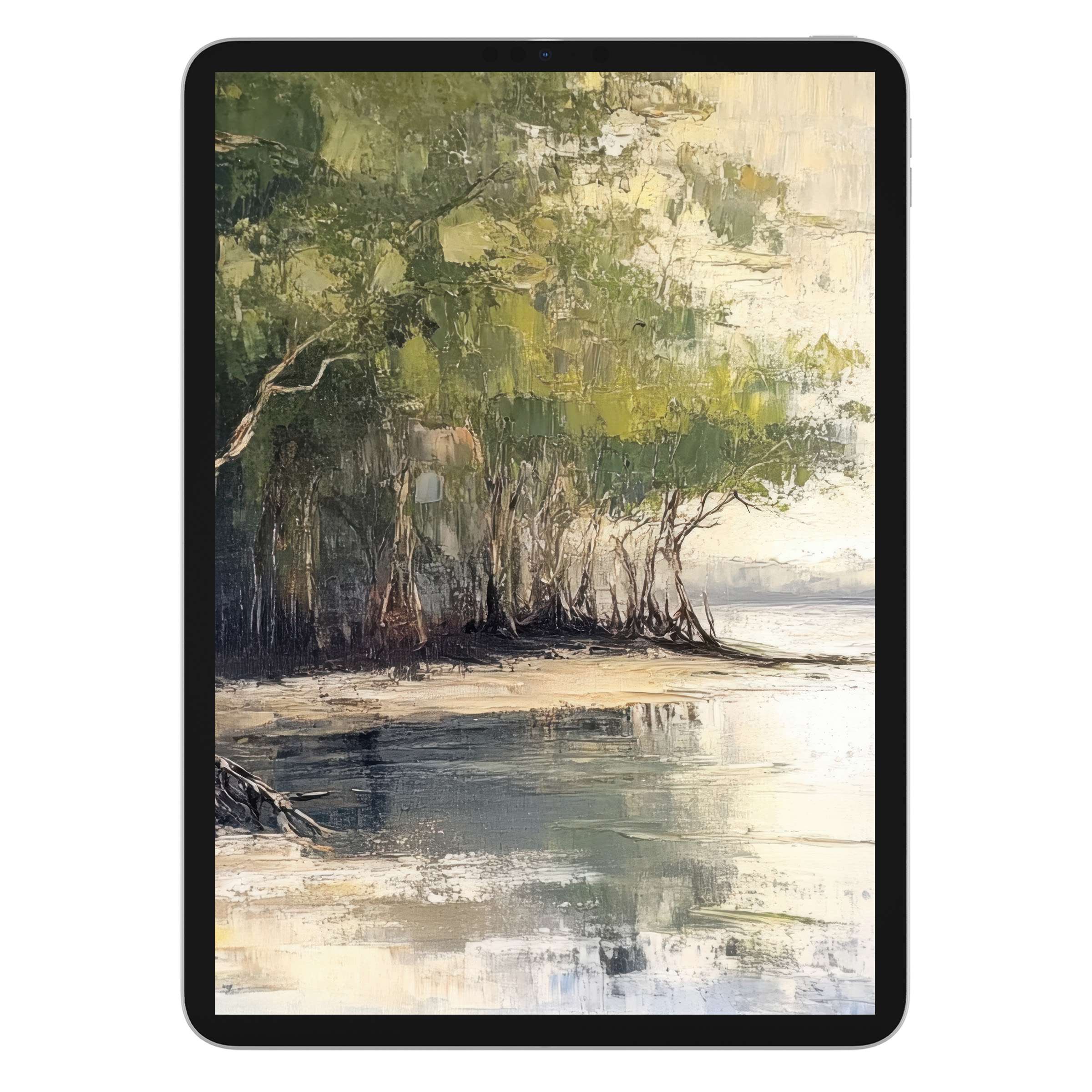Tranquil beach iPad wallpaper featuring lush green trees reflected in serene water, perfect digital download for tablet background elegance
