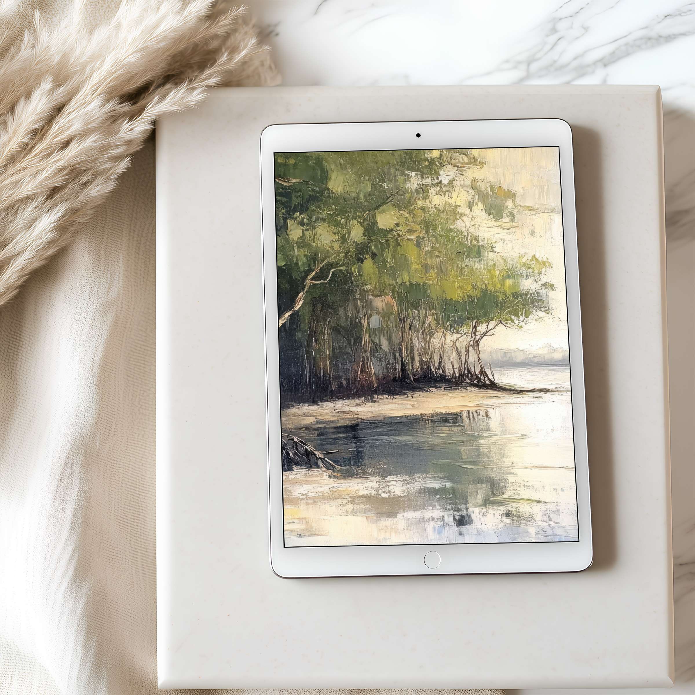 Calm landscape tablet wallpaper featuring serene forest reflections in high resolution perfect for iPad and Android digital download