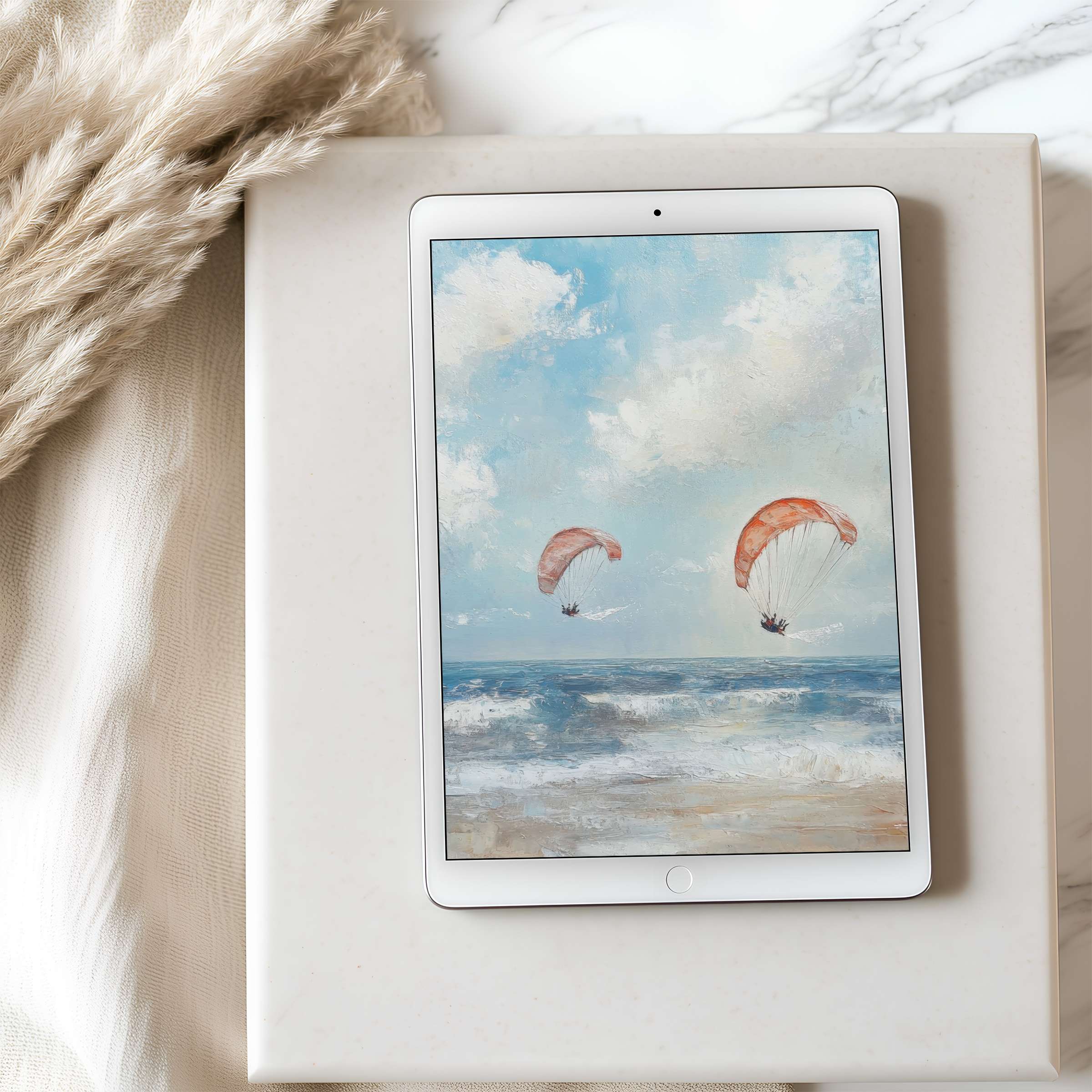 Calming seaside tablet wallpaper in high resolution featuring delicate parasailing art evoking serenity ideal for digital download
