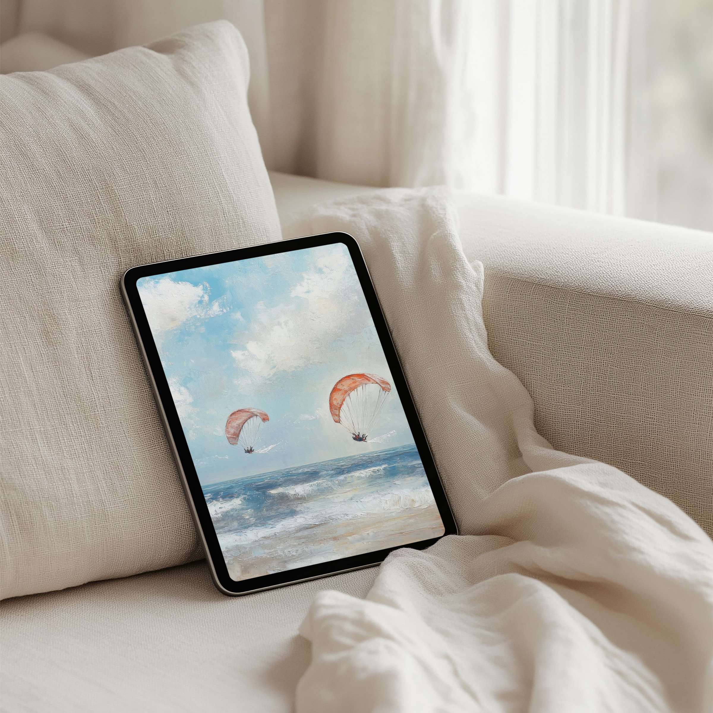 Elegant iPad background featuring serene seascape with parasails evokes mindfulness and calm ideal for instant download on any tablet