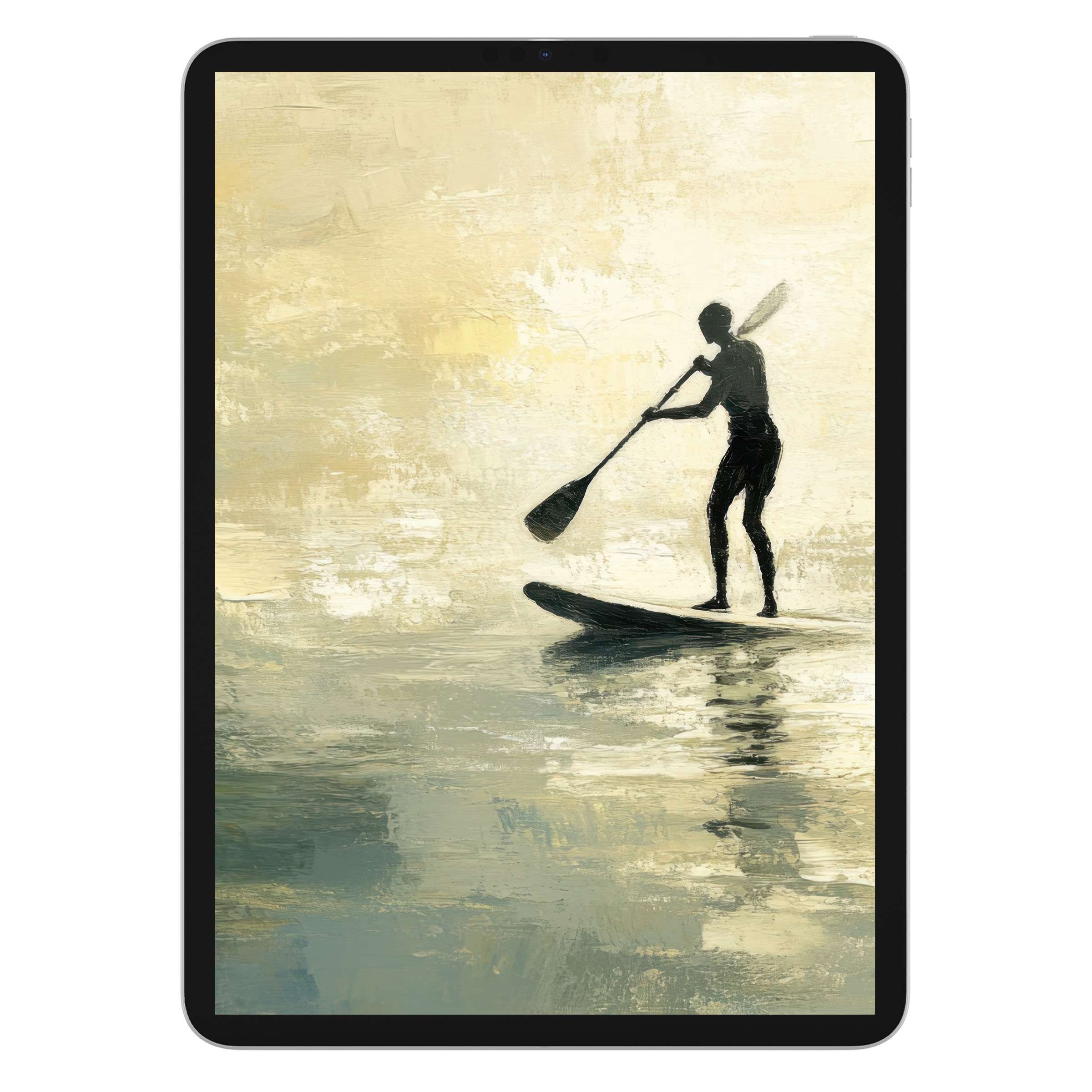 Elegant beach iPad wallpaper featuring a serene paddleboarder, perfect digital download background for tablet calm and tranquility