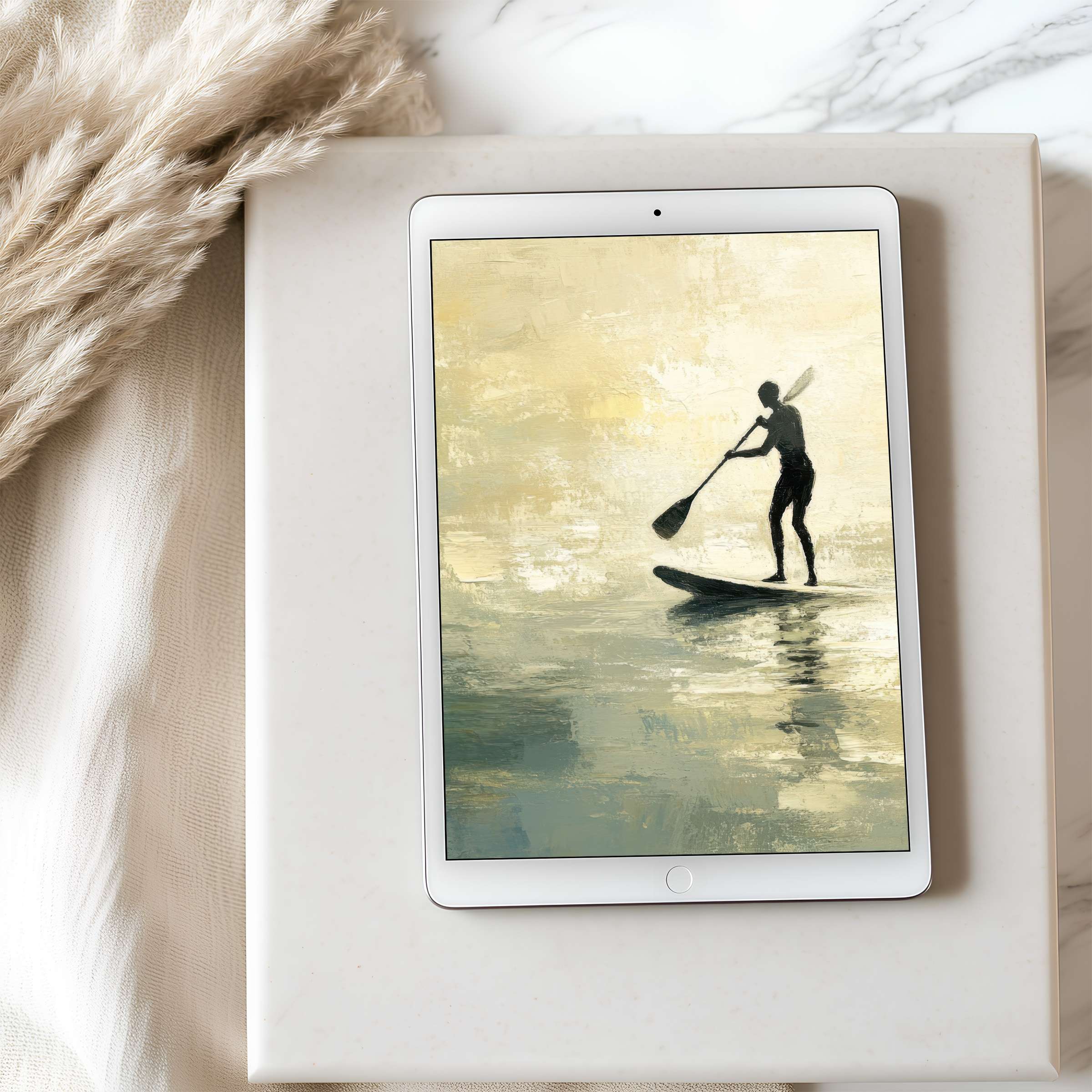 Elegant tablet wallpaper featuring a serene paddle boarder against soft golden hues perfect for iPad high resolution digital download