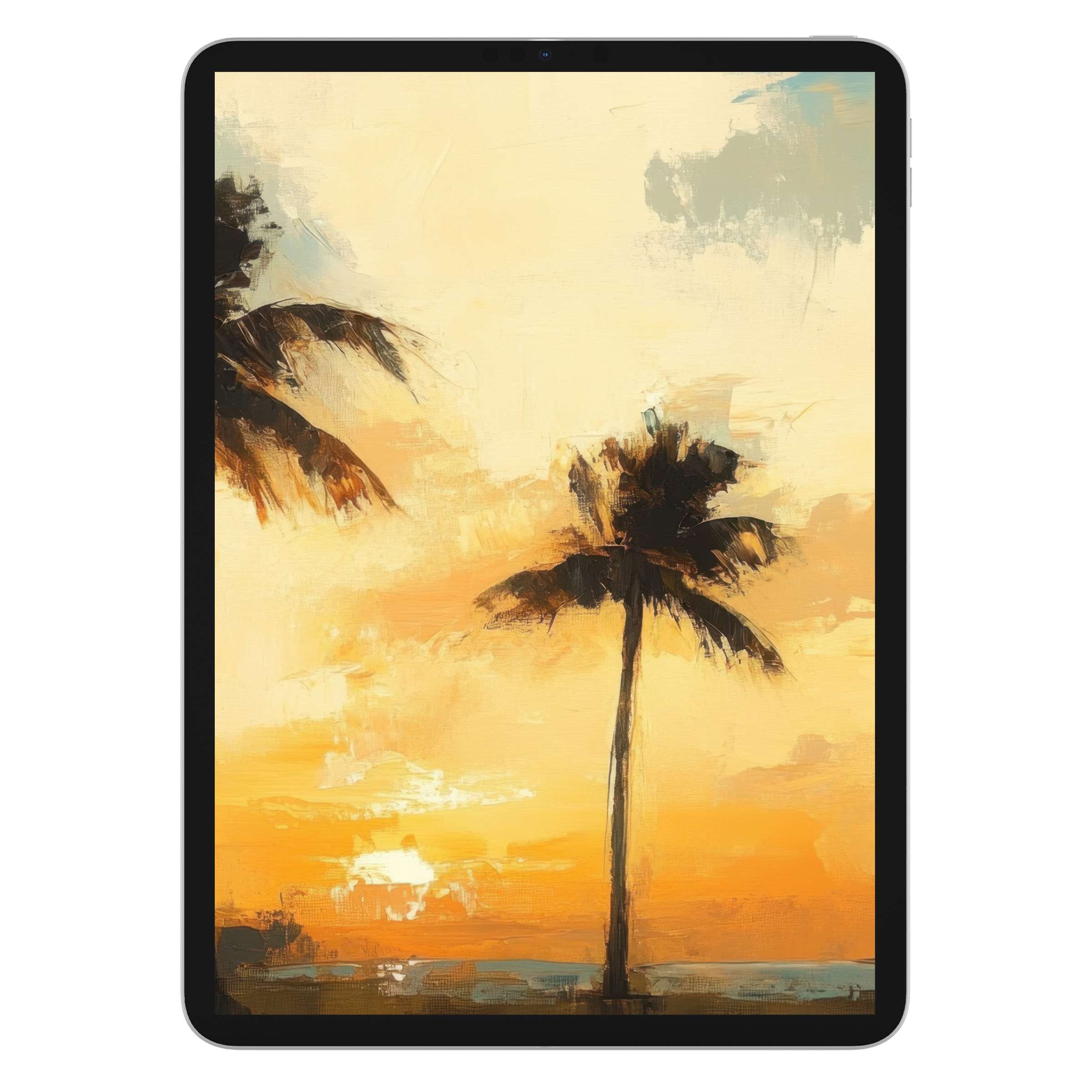 Elegant beach iPad wallpaper digital download with sunset palms and serene hues, perfect for tablet background, iOS, Samsung, Android