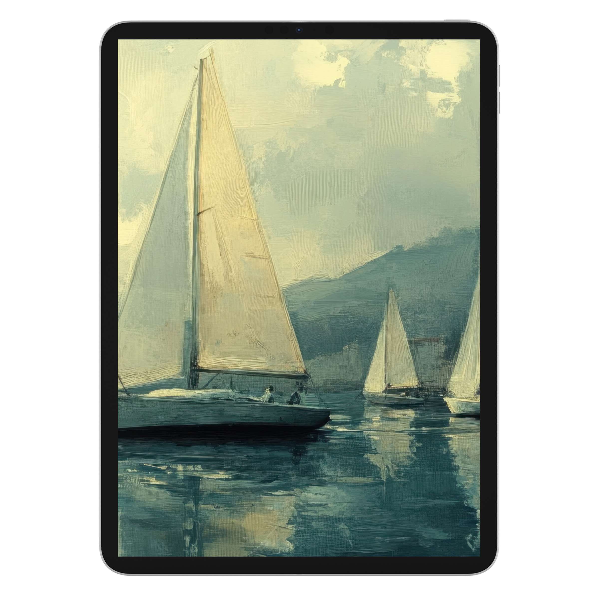 Serene beach iPad wallpaper with elegant sailboats on a tranquil sea inspired digital download perfect for tablet background use