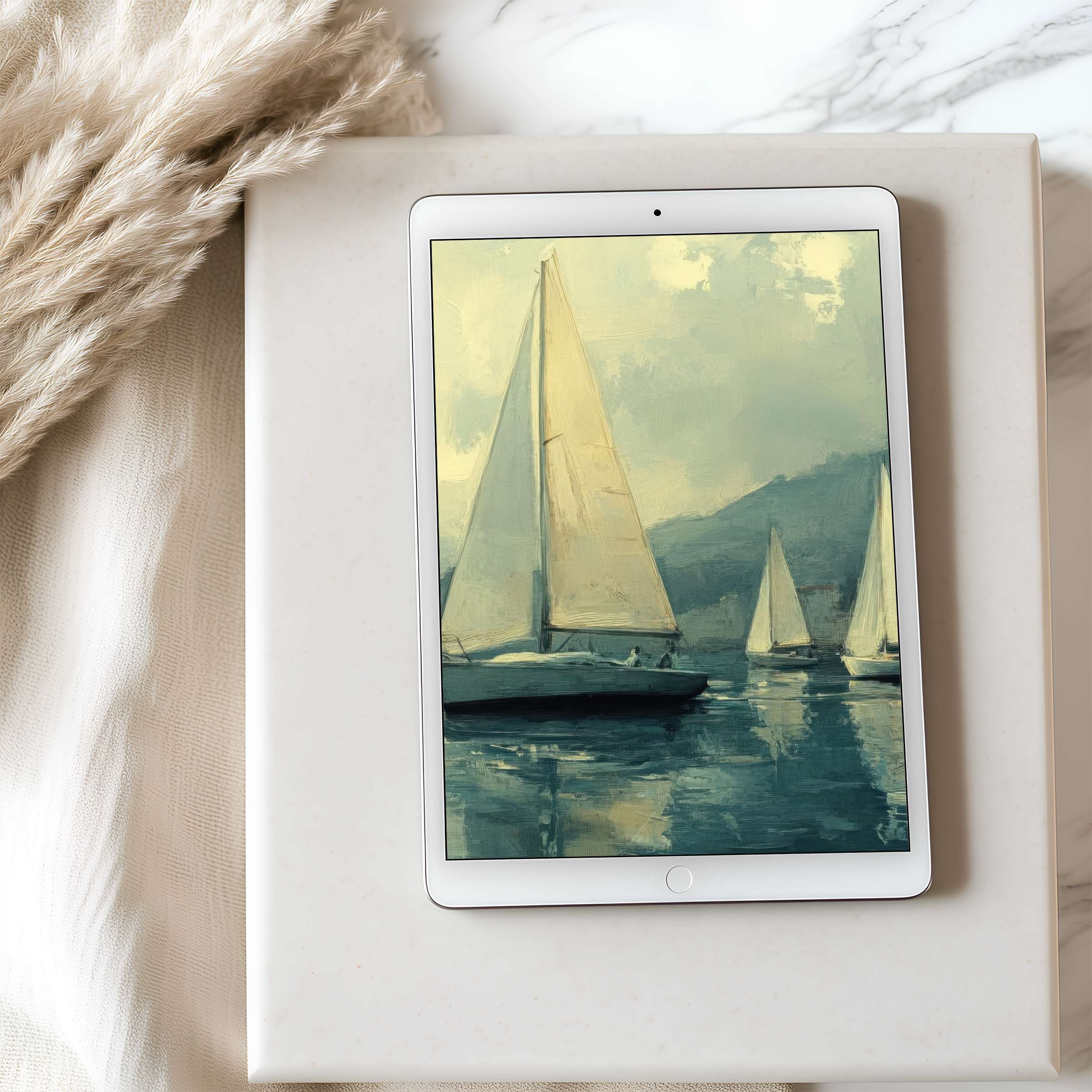 Sailboats glide across a serene sea in this elegant tablet wallpaper, offering calming high resolution and stylish digital download options