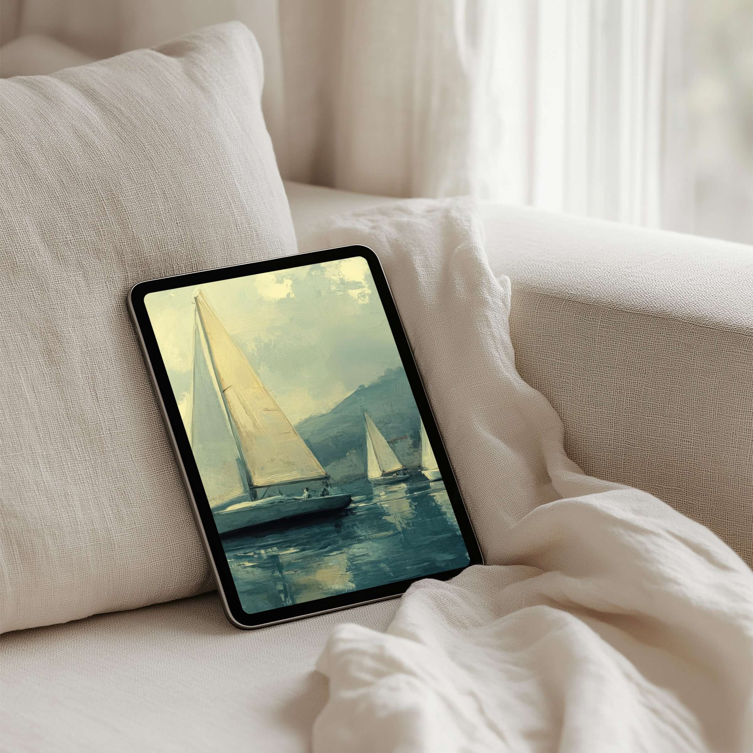 Serene sailboat art iPad background on a tablet offers instant download for Samsung and Android users, inspiring calm elegance