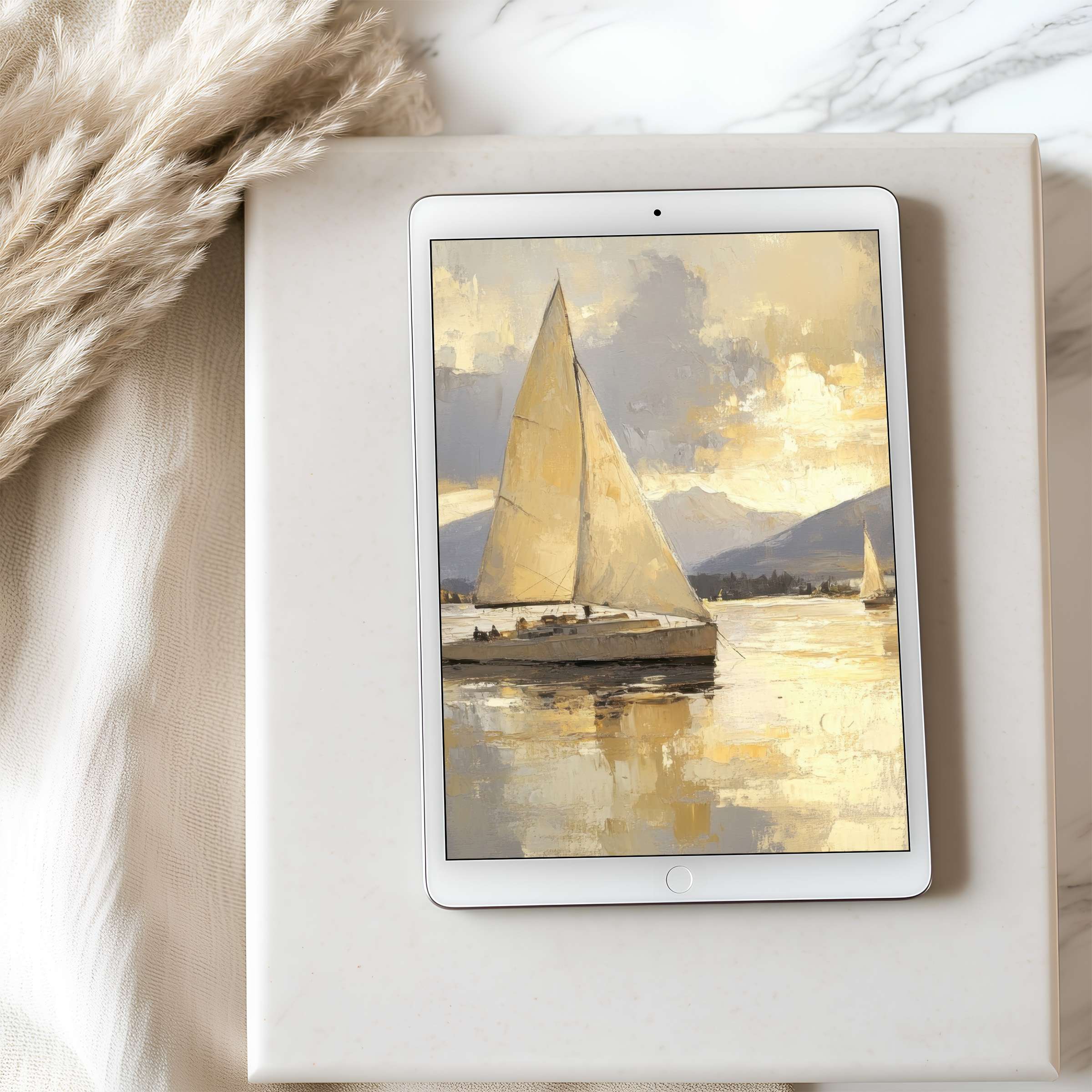 Elegant tablet wallpaper featuring serene sailboat art in soothing yellows and grays suitable for iPad and Android high resolution downloads