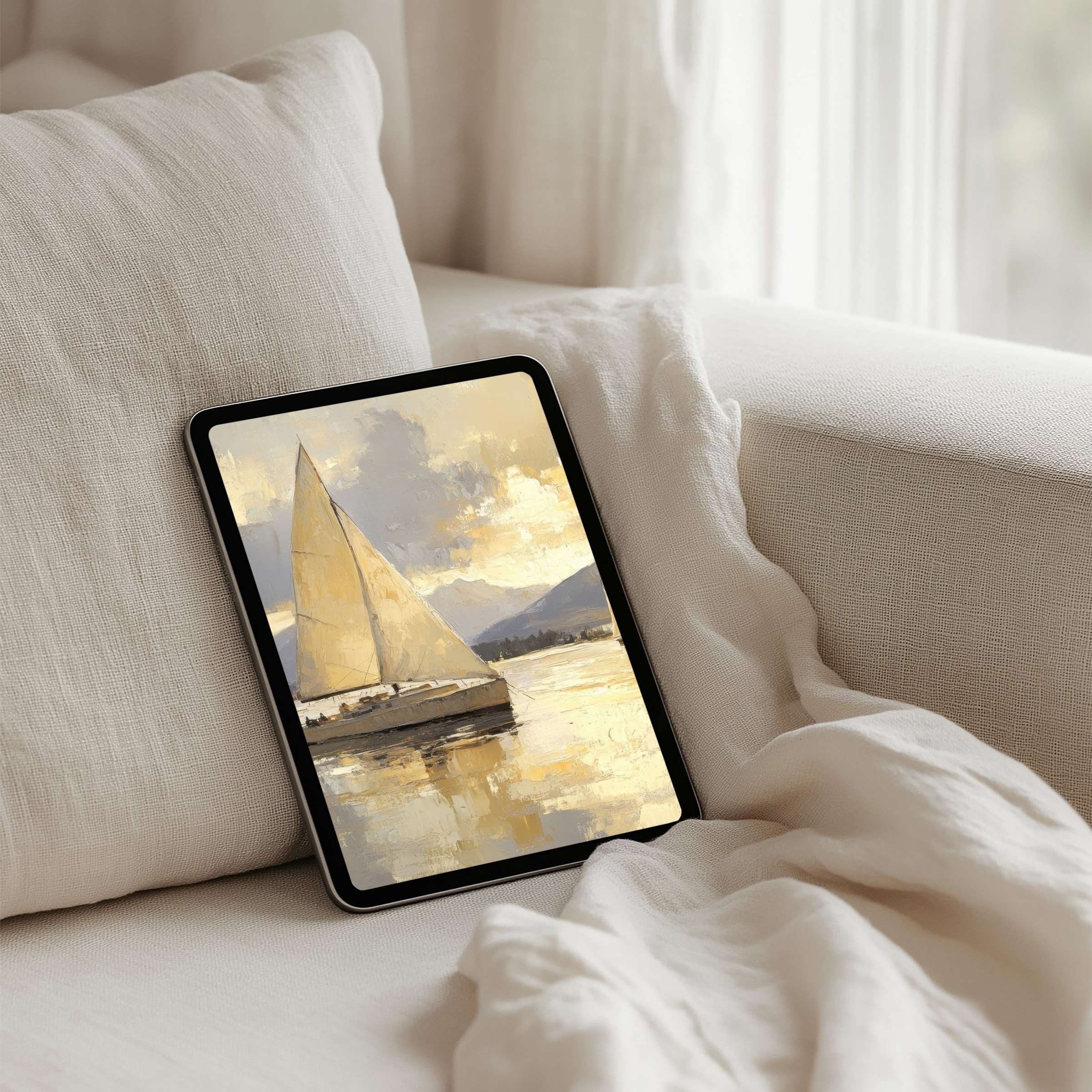 Elegant sailboat painting for iPad background, perfect for instant download on any tablet, evokes calm and mindfulness
