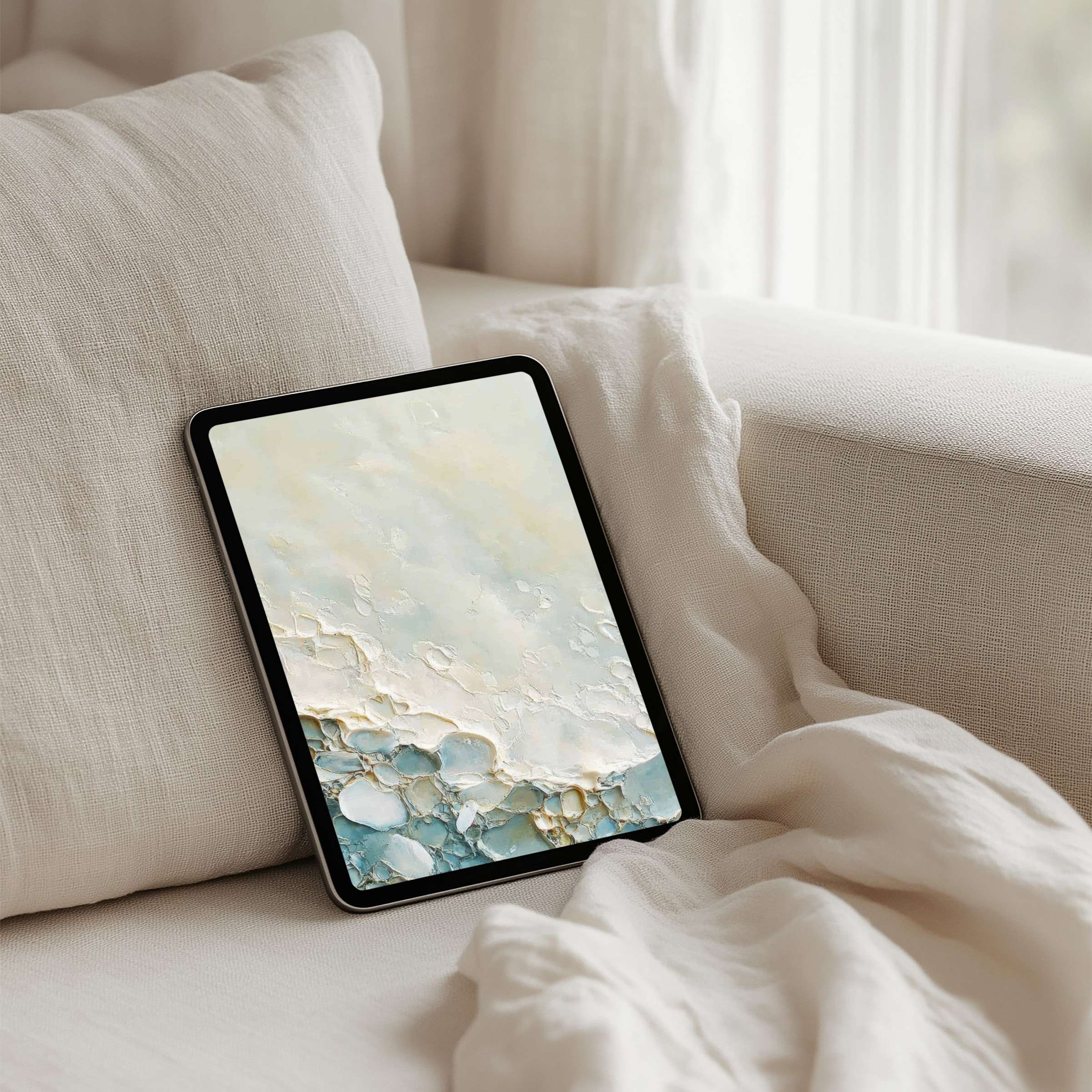 Calming abstract iPad background with soft beige and teal textures offers instant download for any tablet enhancing mindfulness