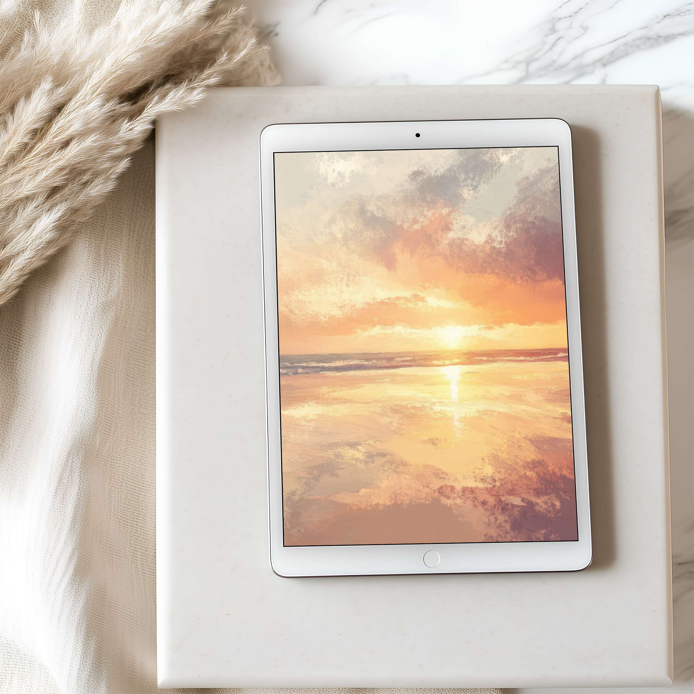 Serene beach sunset tablet wallpaper in high resolution, offering a soothing ambiance for iPad and Android tablets, digital download