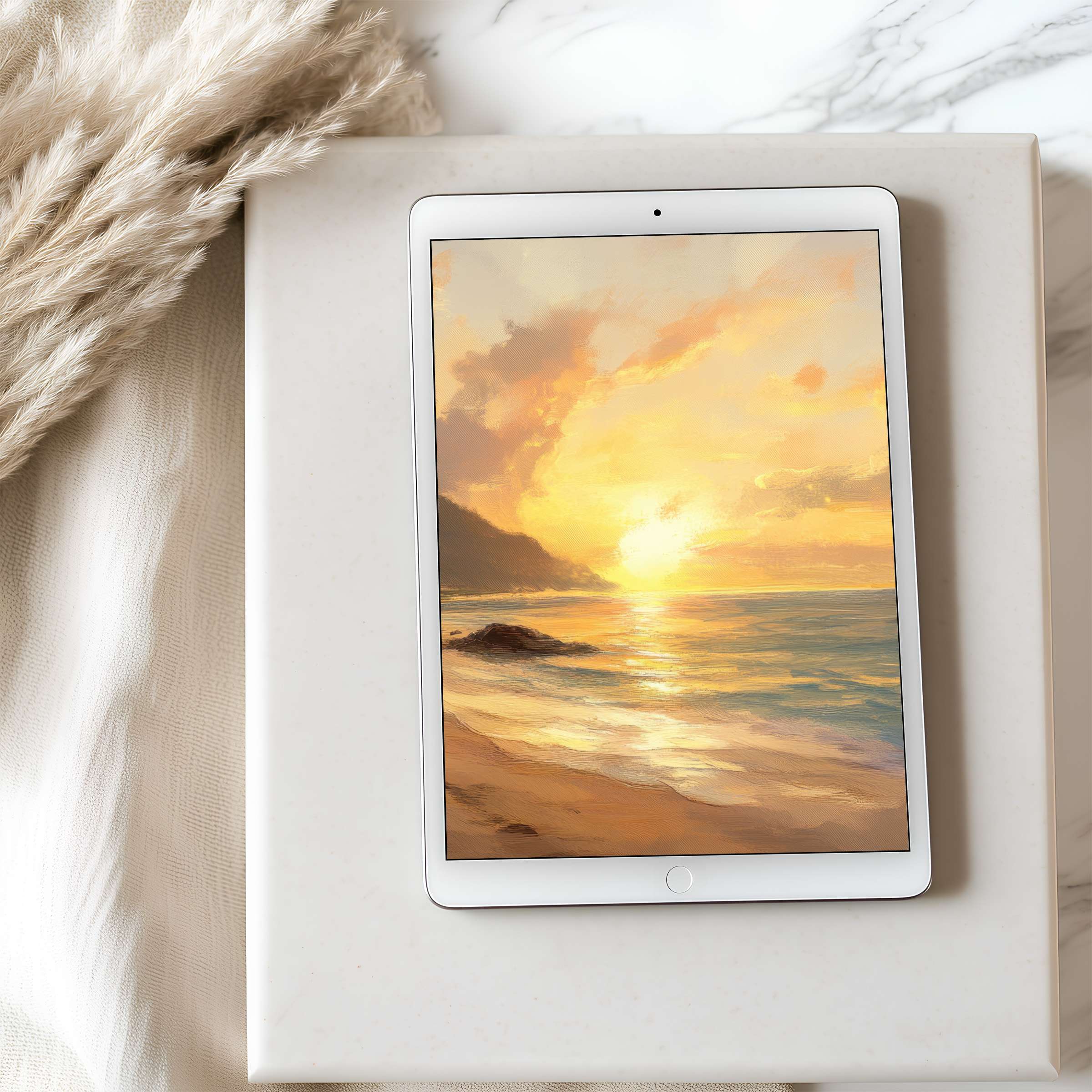 Serene sunrise tablet wallpaper with elegant beach scene offers high resolution tranquility for iPad or Android download enhancing calm aesthetics