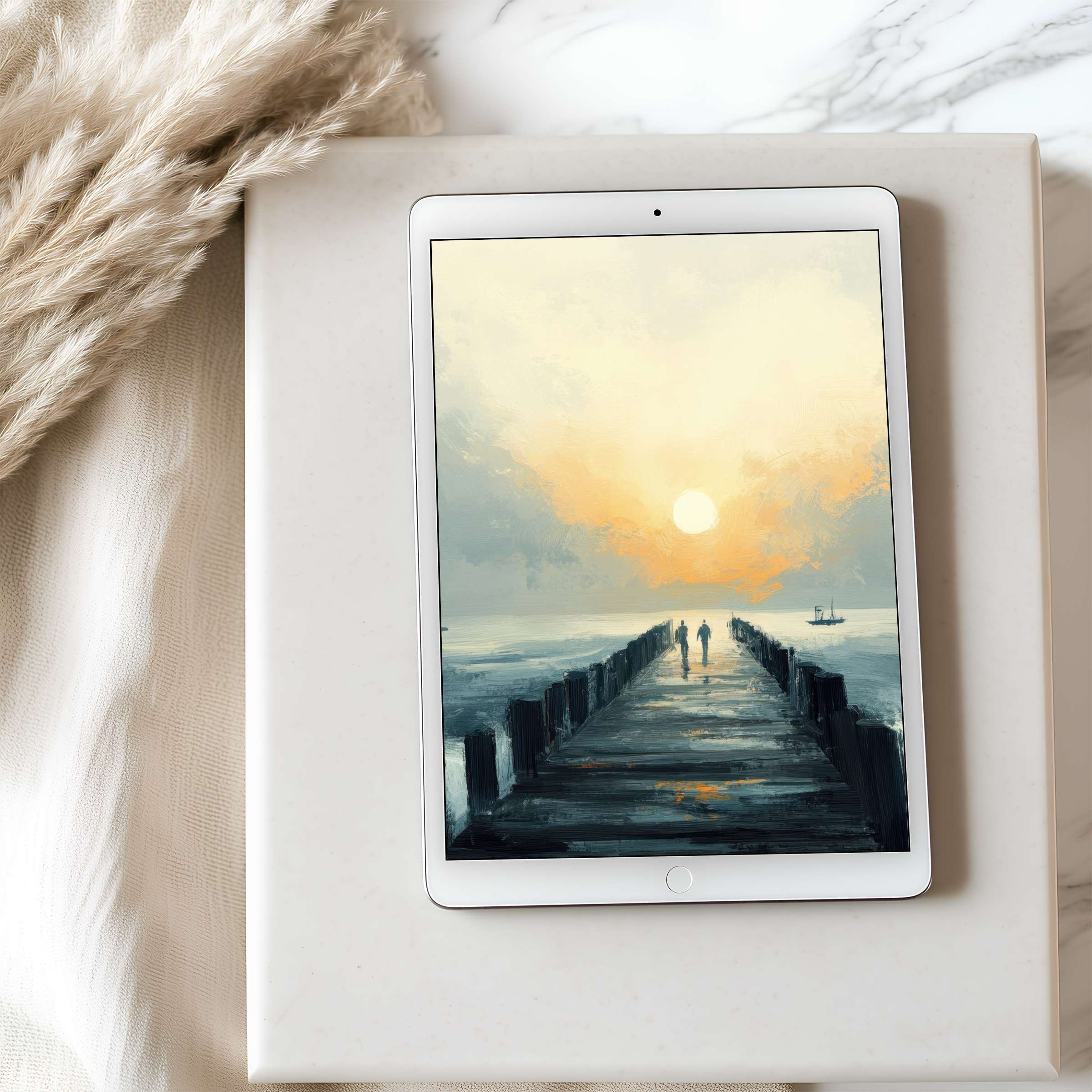 Elegant tablet wallpaper featuring a serene sunset over a pier in high resolution, perfect for iPad and digital download use