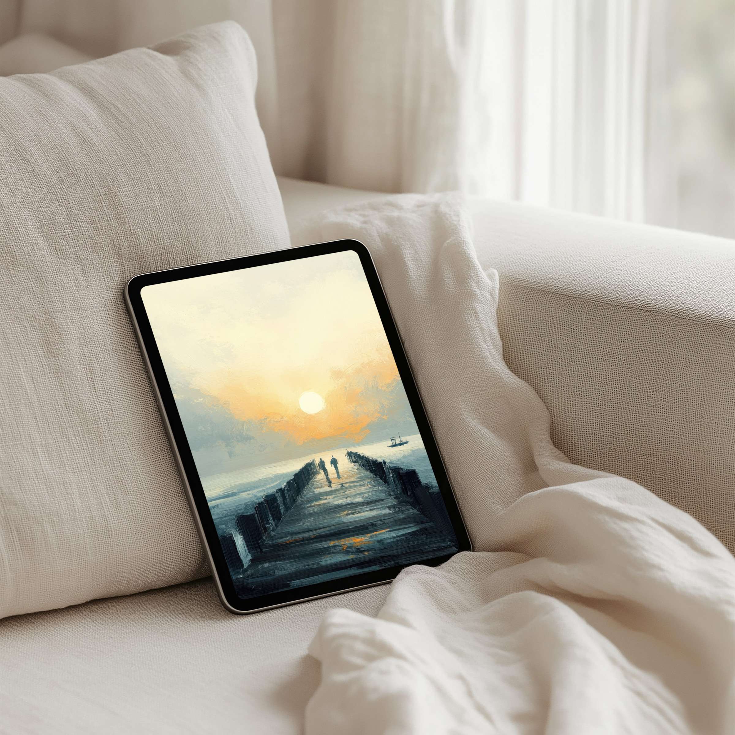 Calm sunset pier scene enhances your iPad background with elegance and mindfulness available as an instant download for tablets