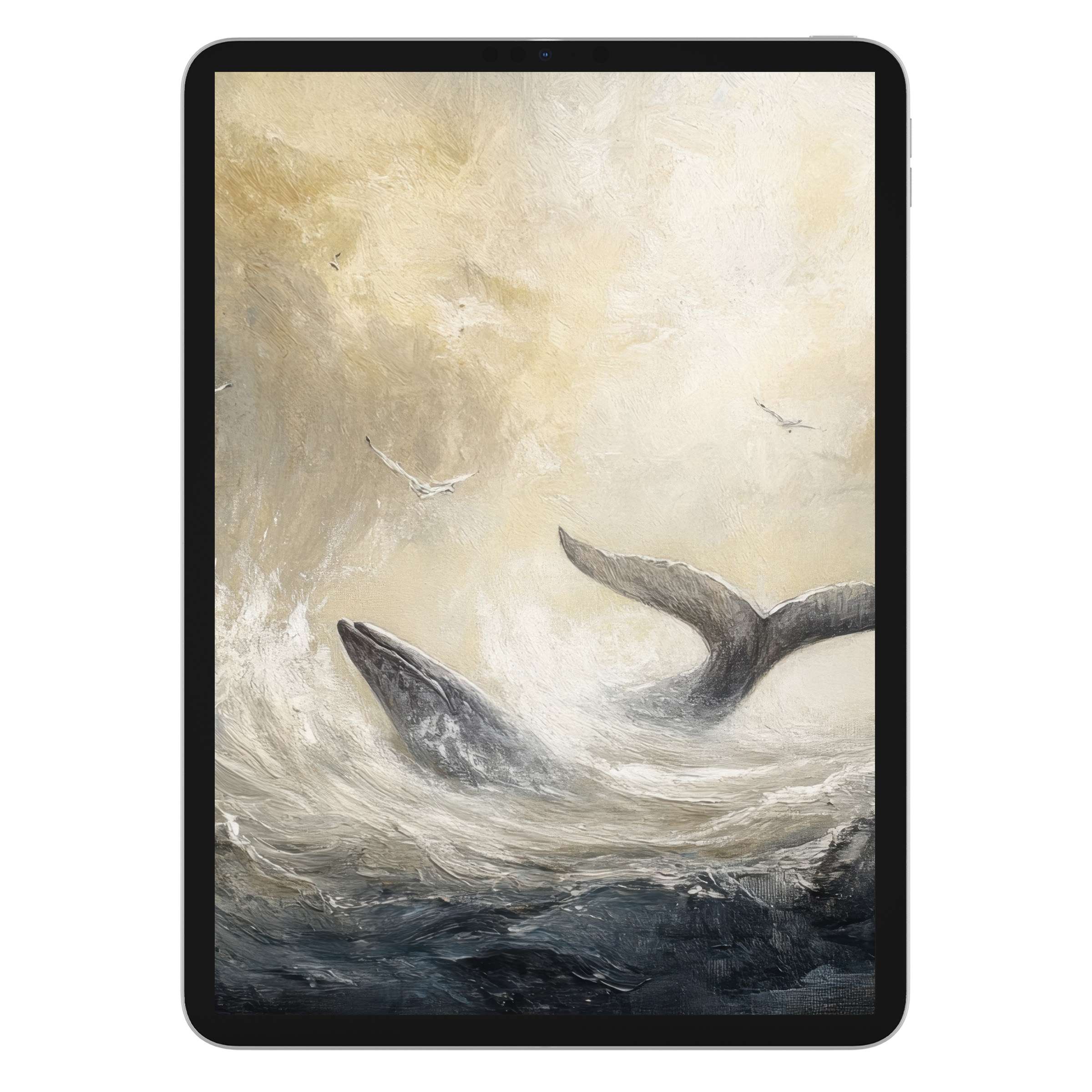 Elegant beach iPad wallpaper offering serene digital download of whales diving in ocean waves perfect for tablet background use