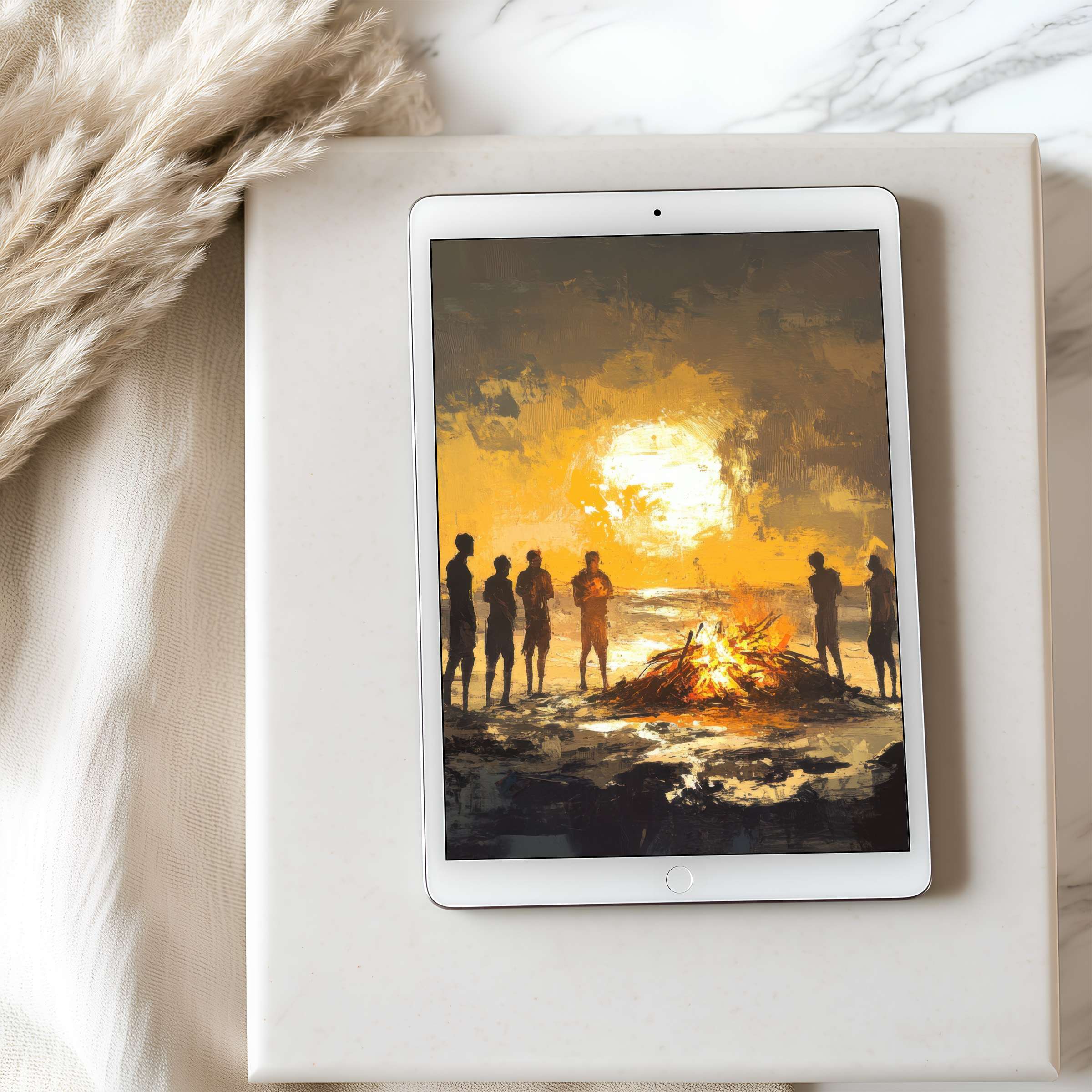 Elegant tablet wallpaper featuring a serene sunset over a beach bonfire, perfect for iPad high-resolution digital download use