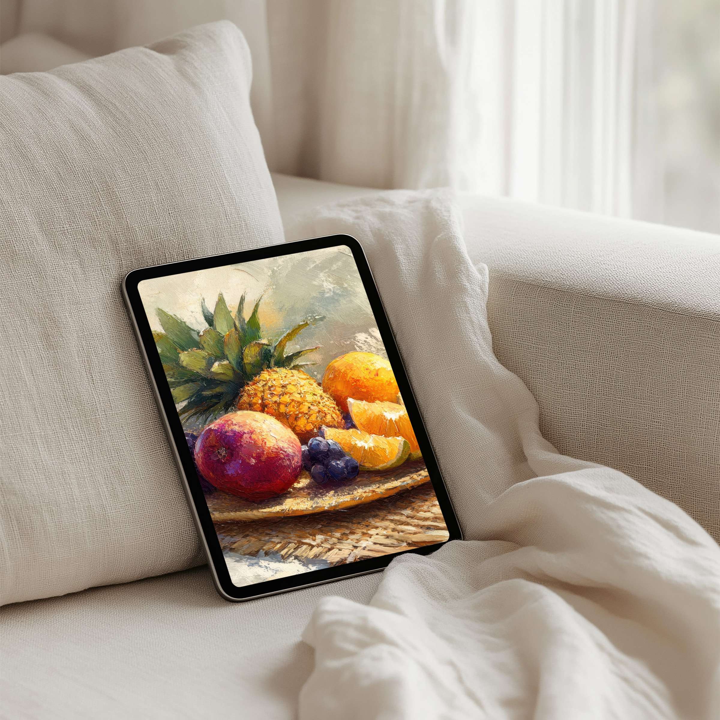 Elegant tablet art featuring vibrant fruits offers iPad background for calm inspiration with instant download for tablets